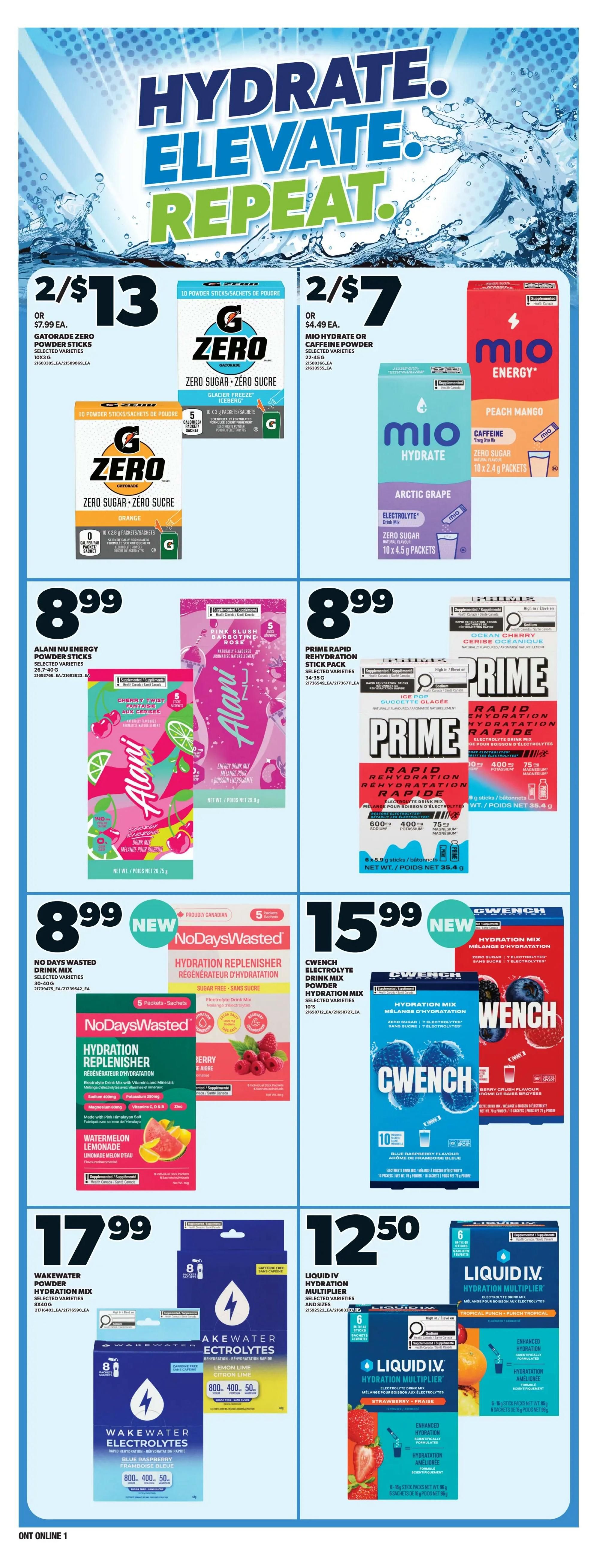 Loblaws weekly flyer specials page 6 features a variety of hydration and energy drinks. On sale are Gatorade Zero Powder Sticks, 10x3g, selected varieties for 2 for $13, or $7.99 each. Mio Hydrate or Caffeine Powder, selected varieties, 10x2.4g packets, are 2 for $7, or $4.49 each. Alani Nu Energy Powder Sticks, 26.7g, selected varieties, are $8.99. Prime Rapid Rehydration Stick Pack, 35.4g, selected varieties, is also $8.99. No Days Wasted Hydration Replenisher Drink Mix, 30-40g, selected varieties, is $8.99. CwEnch Electrolyte Drink Mix Powder Hydration Mix, 10's, selected varieties, is $15.99. Wakewater Powder Hydration Mix, 8x40g, selected varieties, is $17.99. Liquid IV Hydration Multiplier, selected varieties and sizes, is $12.50.