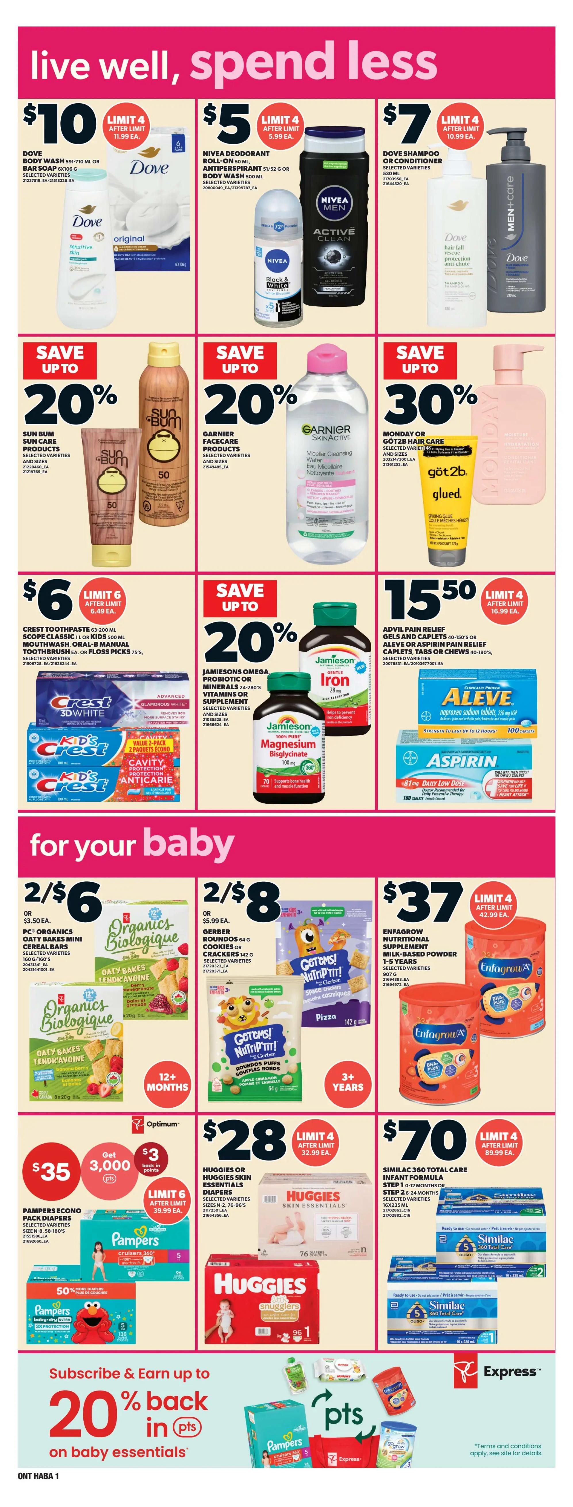 Loblaws Weekly Flyer Specials Page 9. Top section features personal care items: Dove Body Wash or Bar Soap for $10, Nivea Deodorant Roll-on or Body Wash for $5, and Dove Shampoo or Conditioner for $7. Below, save up to 20% on Sun Bum Sun Care Products, Garnier Facecare Products, and up to 30% on Monday Hair Care. Also, save 20% on Jamieson Omega Probiotic or Minerals, and get Advil Pain Relief Gels and Caplets or Aleve or Aspirin Pain Relief Caplets for $15.50. The 'for your baby' section includes PC Organics Oaty Bakes Mini Cereal Bars for 2 for $6, Gerber Roundos or Cookies for 2 for $8, and Enfagrow Nutritional Supplement Milk-Based Powder for $37. Additionally, Pampers Economy Pack Diapers are $35 with 3,000 points back, Huggies or Huggies Skin Essentials Diapers are $28, and Similac 360 Total Care Infant Formula is $70. The bottom features a promotion to subscribe and earn up to 20% back in points on baby essentials.