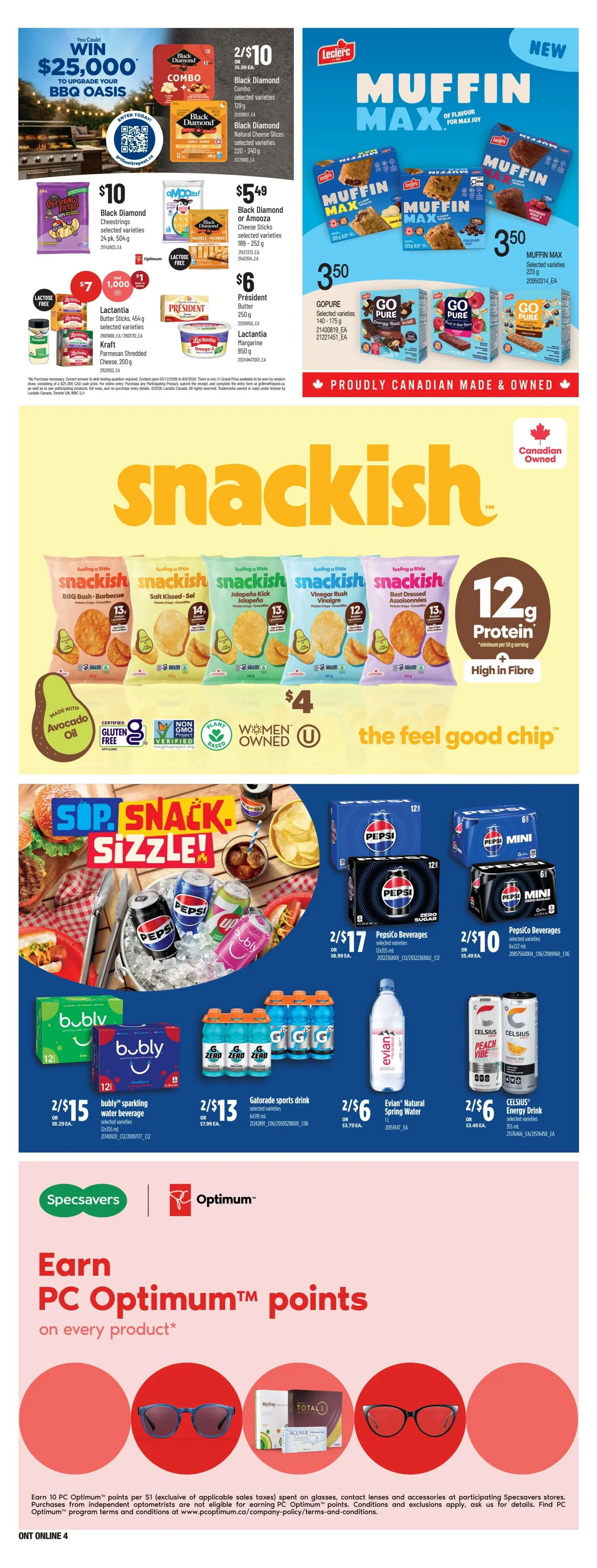 Loblaws Weekly Flyer Specials Page 11: Features a contest to win a $25,000 BBQ Oasis. Black Diamond Combo selected varieties 129g are 2 for $10. Black Diamond Natural Cheese Slices selected varieties 220-240g are $5.49. Black Diamond or Amooza Cheese Sticks selected varieties 189-252g are $5.49. Lactantia Butter Sticks 454g selected varieties and Kraft Parmesan Shredded Cheese 200g are $7. President Butter 250g and Lactantia Margarine 850g are $6. Leclerc Muffin Max selected varieties 223g are $3.50. Go Pure selected varieties 140-175g are $3.50. Snackish chips are $4. The page also highlights 'Sip, Snack, Sizzle' with Pepsi Beverages 12x355ml 2 for $17, Pepsi Mini 6x235ml 2 for $10, Bubly sparkling water beverage 12x355ml 2 for $15, Gatorade sports drink 6x500ml 2 for $13, Evian Natural Spring Water 1L 2 for $6, and Celsius Energy Drink 355ml 2 for $6. Additionally, earn PC Optimum points on every product with Specsavers and Optimum, featuring glasses and contact lenses.