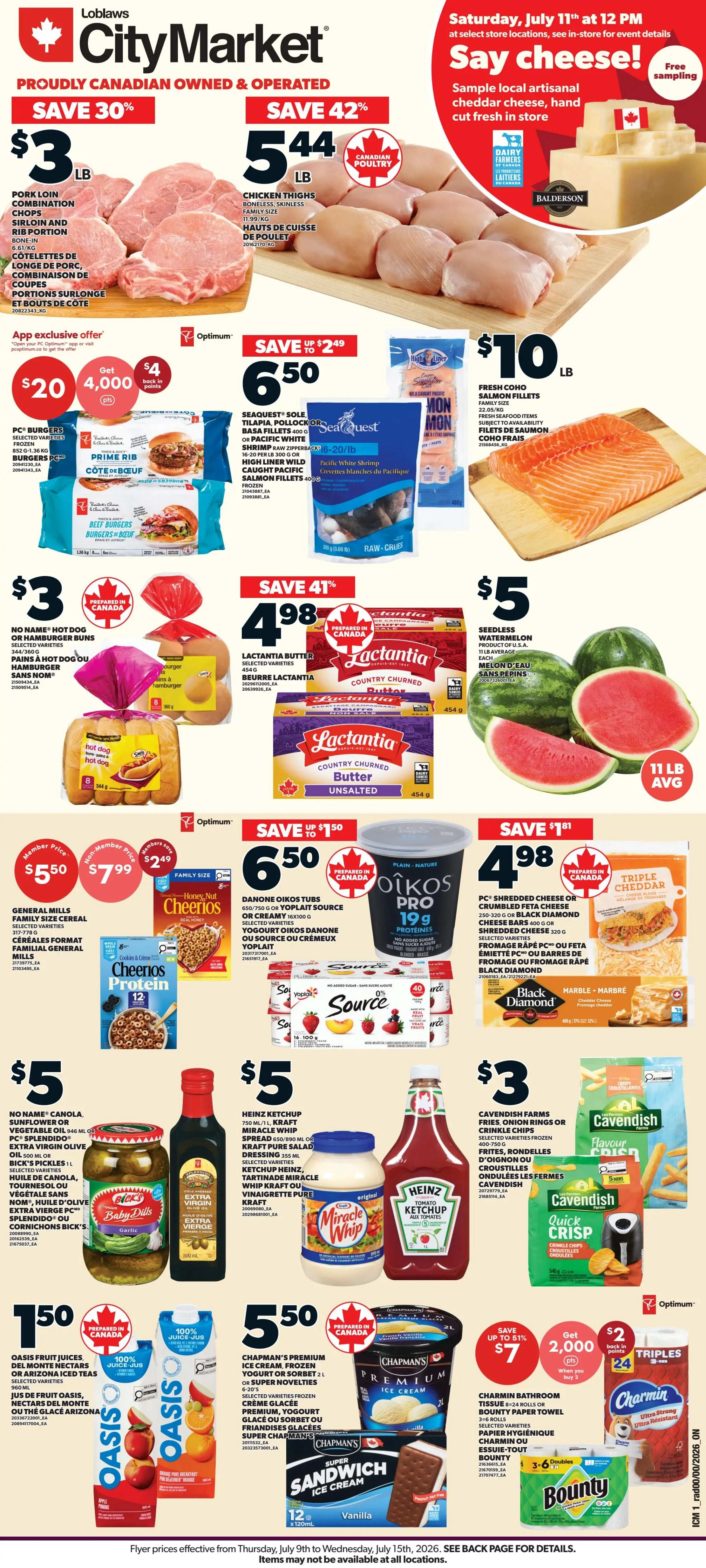 Loblaws flyer page 1 features a promotion: Score two (2) FREE chicken tenders the day after Canada wins a game. This offer is for PC Optimum members and requires opening the PC Optimum app or visiting pcoptimum.ca to load the offer. The offer is redeemable between June 11 and July 19, 2026, by presenting the offer via the app at the Meals to Go department in participating Loblaws, City Markets, Zehrs, Independent Grocer, Valu-Mart, and Provigo locations. The image also shows two pieces of fried chicken tenders on a red and white checkered surface. The flyer also displays logos for Loblaws, City Market, Zehrs, Independent, and Valu-Mart.