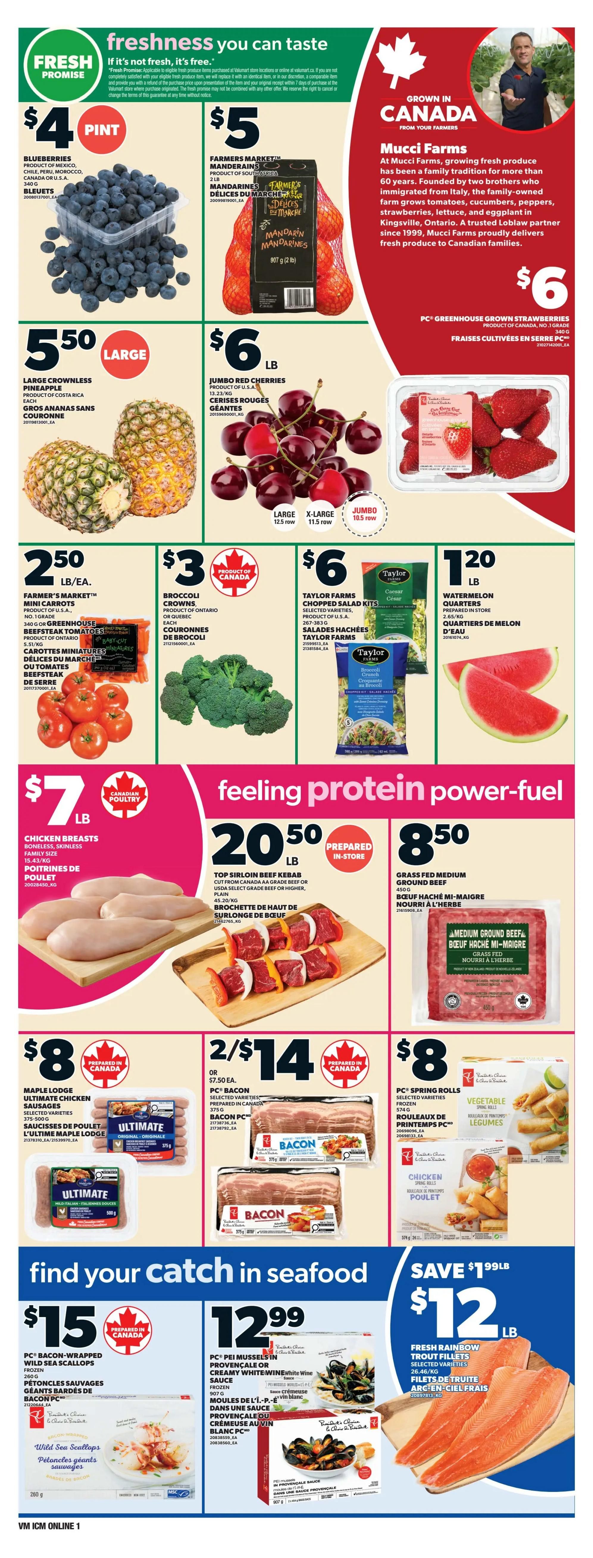 Loblaws weekly flyer specials page 4 features fresh produce and protein. On sale are blueberries for $4 per pint, Farmers' Market Mandarins for $5 per lb, large crownless pineapples for $5.50 each, jumbo red cherries for $6 per lb, and PC Greenhouse Grown Strawberries for $6. Produce also includes Farmer's Market Mini Carrots for $2.50 per lb/ea, broccoli crowns for $3 each, Taylor Farms Chopped Salad Kits for $6, and watermelon quarters for $1.20 per lb. Protein options include chicken breasts for $7 per lb, top sirloin beef kebab for $20.50 per lb, and medium ground beef for $8.50 per lb. In the seafood section, find PC Bacon-Wrapped Wild Sea Scallops for $15, PC Pei Mussels in Provençal or Creamy White Wine Sauce for $12.99, and fresh rainbow trout fillets for $12 per lb, with a save of $1.99lb.