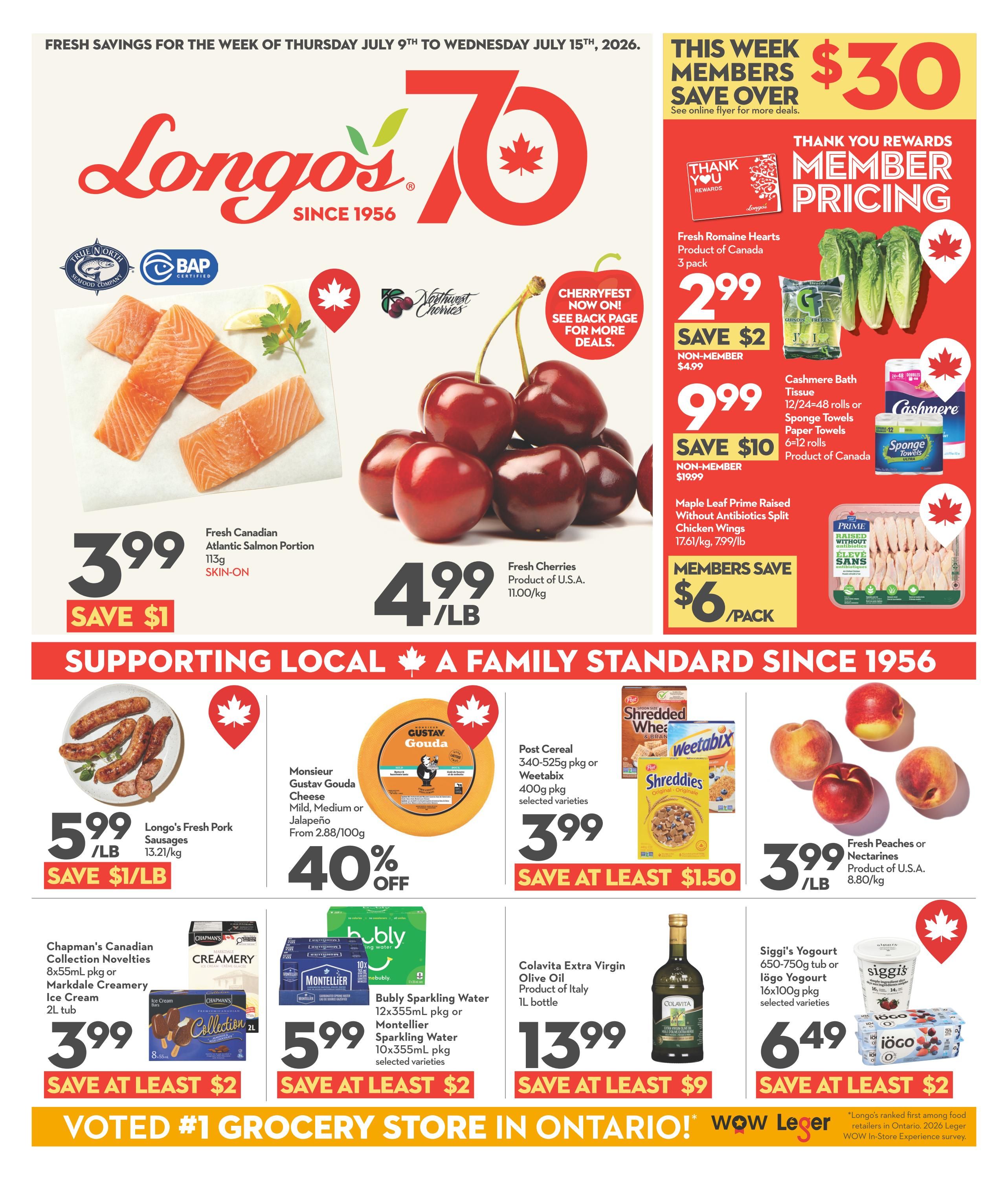 Longo's weekly flyer specials for the week of Thursday, July 9th to Wednesday, July 15th, 2026. This week, members can save over $30. Featured items include Fresh Canadian Atlantic Salmon Portion skin-on for $3.99 with a $1 saving, and Fresh Cherries from the U.S.A. for $4.99 per pound. Member pricing offers Fresh Romaine Hearts 3-pack for $2.99 (non-member $4.99), and Cashmere Bath Tissue or Sponge Towels for $9.99 (save $10, non-member $19.99). Also on sale are Maple Leaf Prime Raised Without Antibiotics Split Chicken Wings for $6 per pack when you are a member. Supporting local products include Longo's Fresh Pork Sausages for $5.99 per pound (save $1 per pound), Monsieur Gustav Gouda Cheese in mild, medium, or jalapeño varieties for 40% off from $2.88 per 100g. Post Cereal or Weetabix 340-525g selected varieties are $3.99 (save at least $1.50). Chapman's Canadian Collection Novelties 8x55mL pkg or Markdale Creamery Ice Cream 2L tub are $3.99 (save at least $2). Bubly Sparkling Water 12x355mL pkg or Montellier Sparkling Water 10x355mL pkg selected varieties are $5.99 (save at least $2). Colavita Extra Virgin Olive Oil 1L bottle is $13.99 (save at least $9). Siggi's Yogurt 650-750g tub or Iögo Yogurt 16x100g pkg selected varieties are $6.49 (save at least $2). Fresh Peaches or Nectarines from the U.S.A. are $3.99 per pound. The flyer also highlights 'Voted #1 Grocery Store in Ontario! WOW Leger'.