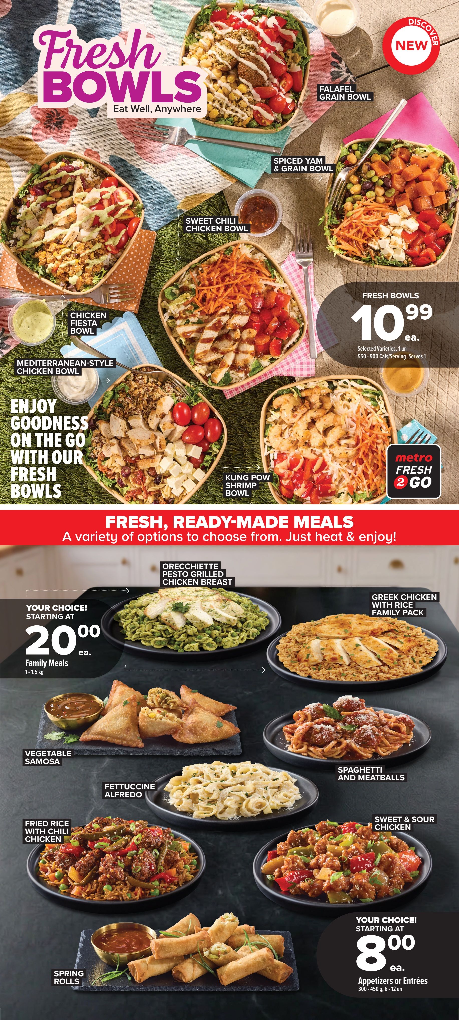 Metro flyer page 12 featuring Fresh Bowls and Fresh, Ready-Made Meals. Top section showcases various fresh bowls including Falafel Grain Bowl, Spiced Yam & Grain Bowl, Sweet Chili Chicken Bowl, Chicken Fiesta Bowl, Mediterranean-Style Chicken Bowl, and Kung Pow Shrimp Bowl. A selection of Fresh Bowls are available for $10.99 each, serving 1. The bottom section highlights Fresh, Ready-Made Meals with options like Orecchiette Pesto Grilled Chicken Breast, Greek Chicken with Rice Family Pack, Spaghetti and Meatballs, and Sweet & Sour Chicken. Family Meals are starting at $20.00. Also featured are Vegetable Samosa, Fettuccine Alfredo, Fried Rice with Chili Chicken, and Spring Rolls. Appetizers or Entrees are available starting at $8.00.