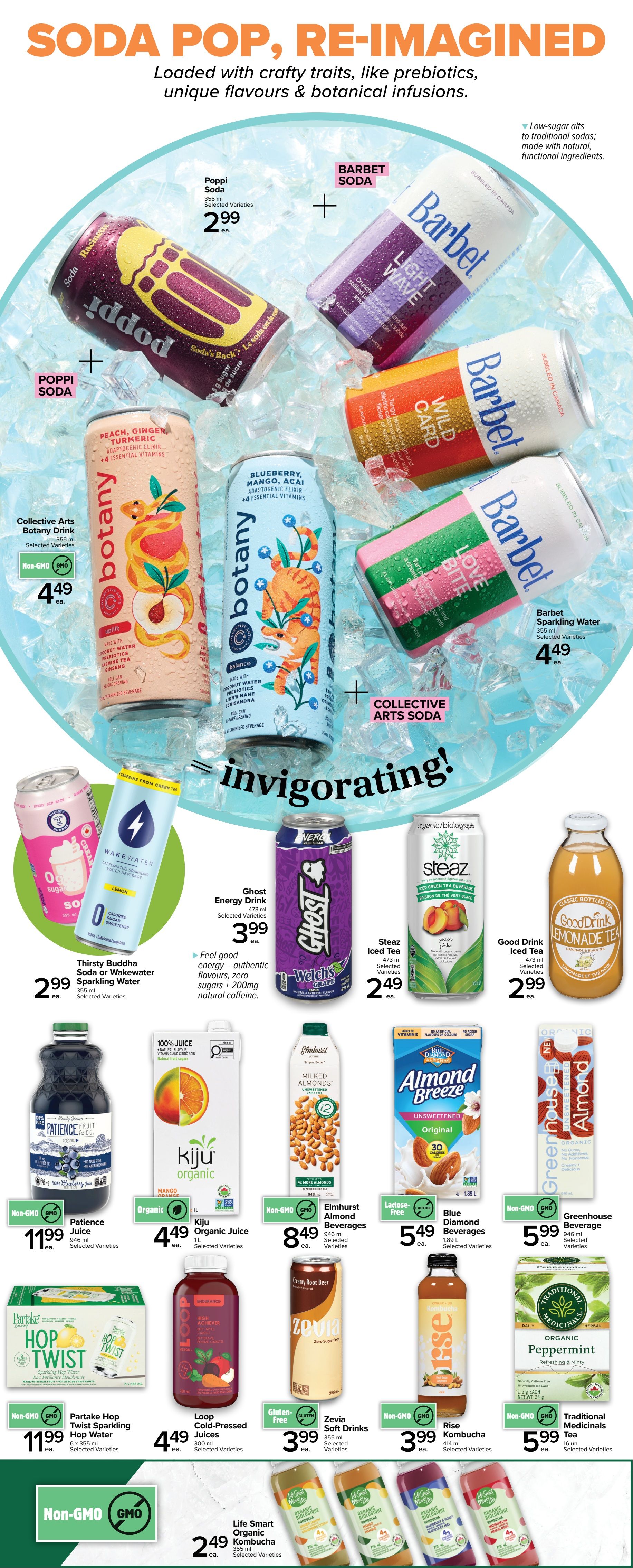 Metro Ontario flyer page 4 features a variety of beverages with the theme 'Soda Pop, Re-Imagined.' Featured products include Poppi Soda for $2.99 each, Barbet Soda for $2.99 each, and Barbet Sparkling Water for $4.49 each. Collective Arts Botany Drinks are available for $4.49 each, with varieties like Peach, Ginger, Turmeric and Blueberry, Mango, Acai. Thirsty Buddha Soda or Wakewater Sparkling Water is $2.99 each. Ghost Energy Drink (Welch's Grape) is $3.99 each. Steaz Iced Tea (Peach) is $2.49 each. Good Drink Iced Lemonade Tea is $2.99 each. Patience Juice is $11.99 each. Kiju Organic Juice is $4.49 each. Elmhurst Almond Beverages are $8.49 each. Blue Diamond Beverages are $5.49 each. Greenhouse Beverage is $5.99 each. Partake Hop Twist Sparkling Hop Water is $11.99 for a 6 x 355 ml pack. Loop Cold-Pressed Juices are $4.49 each. Zevia Soft Drinks are $3.99 each. Rise Kombucha is $3.99 each. Traditional Medicinals Organic Peppermint Tea is $5.99 for 16 units. Life Smart Organic Kombucha is $2.49 each.