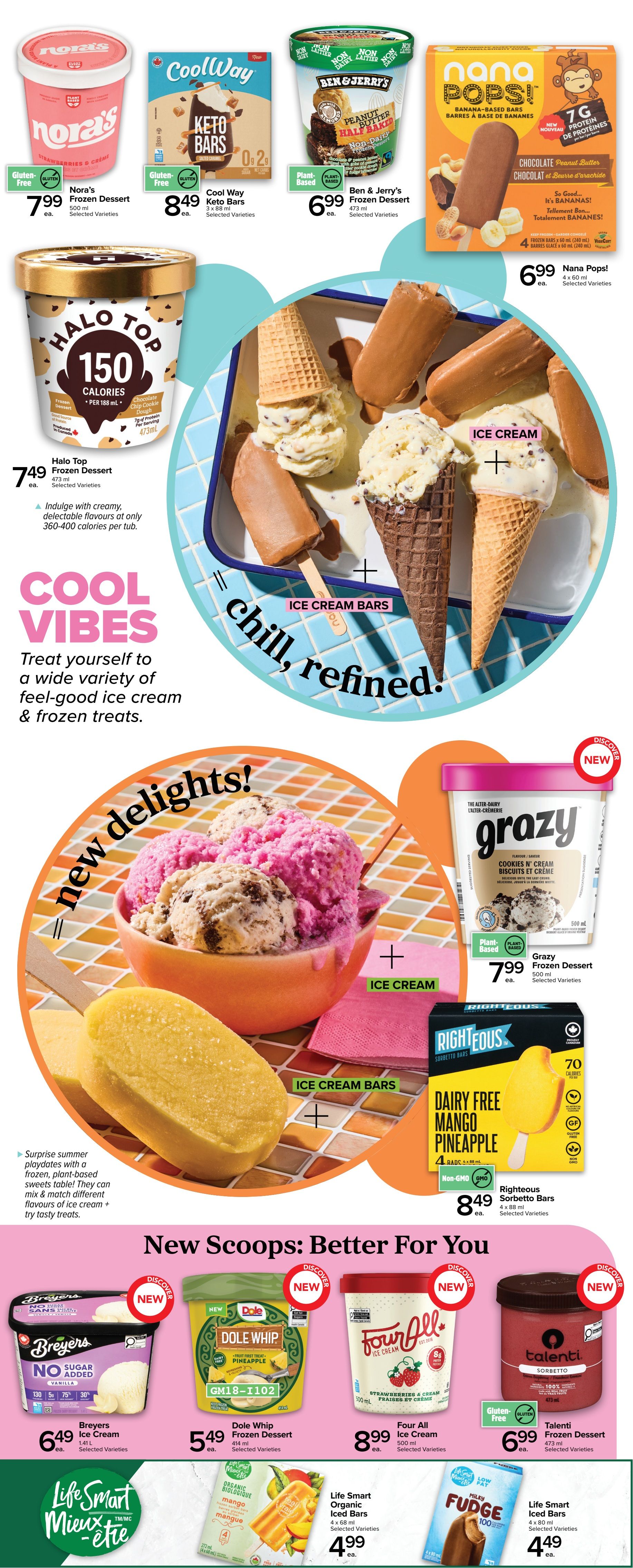 Metro Ontario flyer, Page 6: Features a variety of frozen desserts and ice cream. Top row includes Nora's Frozen Dessert for $7.99, Cool Way Keto Bars for $8.49, Ben & Jerry's Frozen Dessert for $6.99, and Nana Pops Banana-Based Bars for $6.99. The main section showcases Halo Top Frozen Dessert for $7.49, with a description about creamy flavours and 360-400 calories per tub. It also features Grazy Frozen Dessert for $7.99 and Righteous Dairy Free Mango Pineapple Sorbetto Bars for $8.49. The 'New Scoops: Better For You' section highlights Breyers Ice Cream for $6.49, Dole Whip Frozen Dessert for $5.49, Four All Ice Cream for $8.99, and Talenti Frozen Dessert for $6.99. Additionally, Life Smart Organic Iced Bars are available for $4.99, and Life Smart Iced Bars for $4.49.