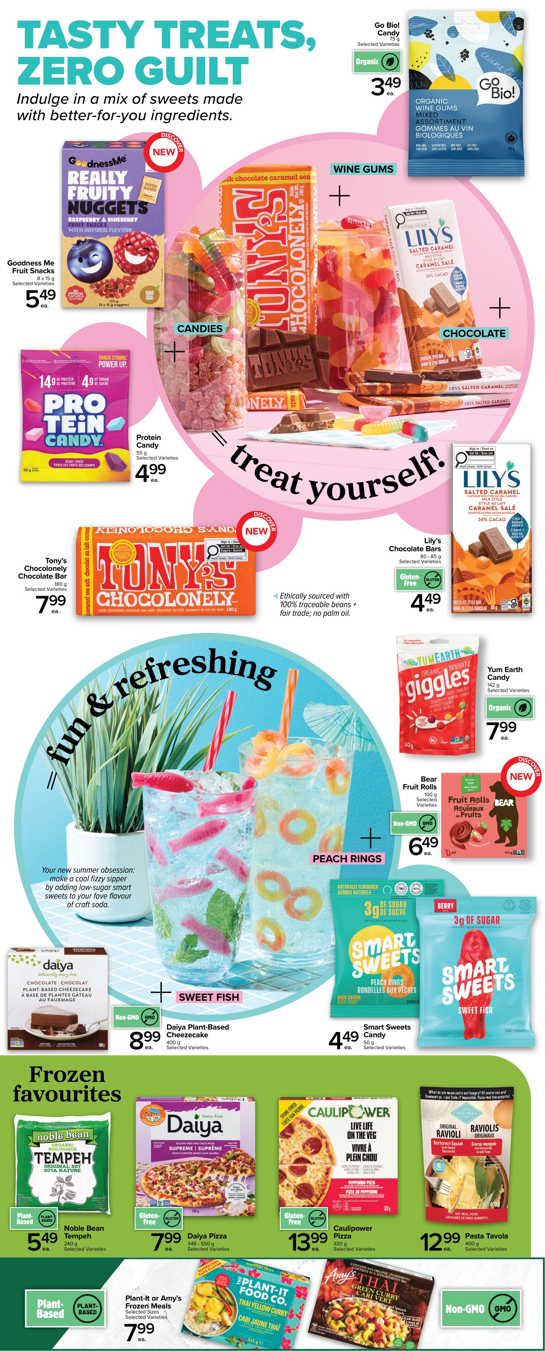 Metro Ontario flyer, page 7, featuring 'Tasty Treats, Zero Guilt' with better-for-you ingredients. Offers include Go Bio! Organic Wine Gums for $3.49, Goodness Me Really Fruity Nuggets for $5.49, and Protein Candy for $4.99. Also featured are Tony's Chocolonely Chocolate Bars at $7.99 and Lily's Chocolate Bars for $4.49. Refreshing drinks are shown with Daiya Plant-Based Sweet Fish and Peach Rings. Other featured items are Smart Sweets Candy for $4.49, Bear Fruit Rolls for $6.49, and Yum Earth Organic Giggles Candy for $7.99. The 'Frozen Favourites' section includes Noble Bean Organic Tempeh for $5.49, Daiya Pizza for $7.99, Caulipower Pizza for $13.99, and Pasta Tavola Ravioli for $12.99. Additionally, Plant-It or Amy's Frozen Meals are available for $7.99.