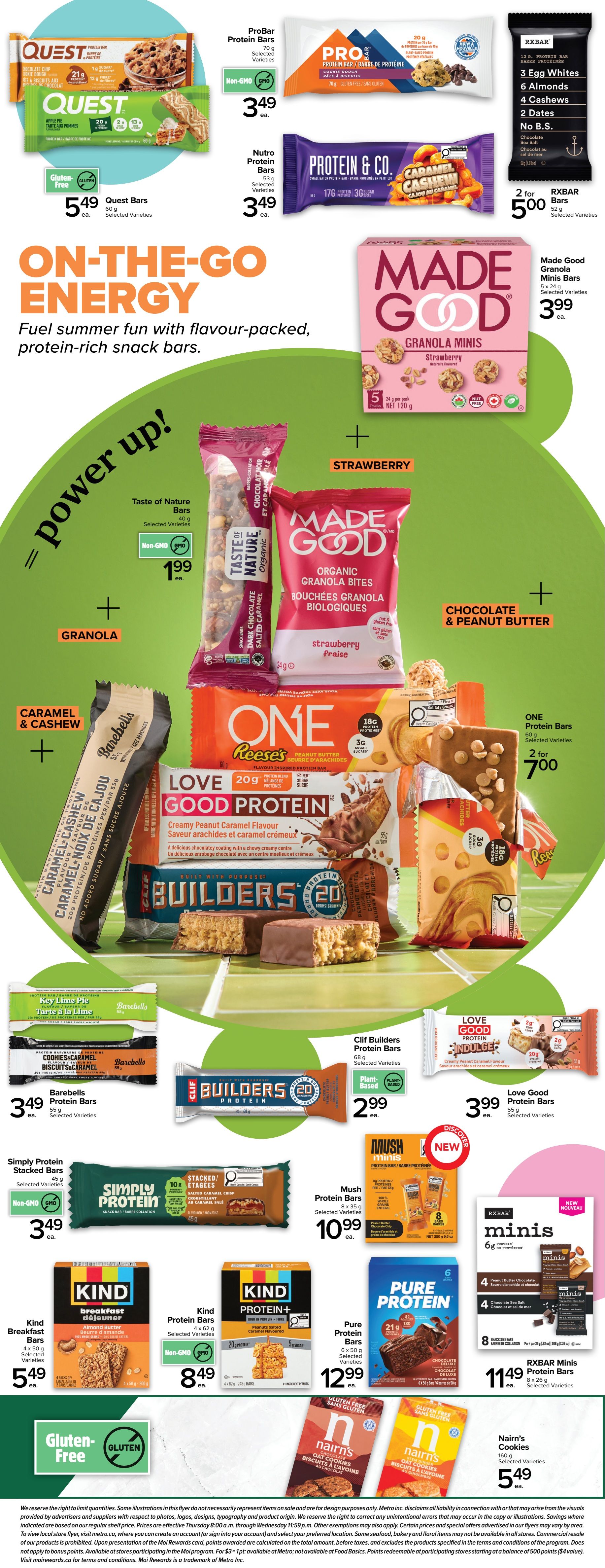 Metro Ontario flyer, page 8, featuring 'On-The-Go Energy' snacks. Highlights include Quest Bars for $5.49, ProBar Protein Bars for $3.49, and Nutro Protein Bars for $3.49. Also featured are Made Good Granola Minis for $3.99, Taste of Nature Bars for $1.99, and ONE Protein Bars (Reese's flavour) for 2 for $7.00. Other deals include Barebells Protein Bars for $3.49, Clif Builders Protein Bars for $2.99, Love Good Protein Bars for $3.99, Simply Protein Stacked Bars for $3.49, Mush Protein Bars (8x35g) for $10.99, Kind Breakfast Bars for $5.49, Kind Protein+ Bars for $8.49, Pure Protein Bars for $12.99, RXBAR Minis Protein Bars for $11.49, and Nairn's Cookies for $5.49. The page emphasizes gluten-free options and protein-rich snacks for summer fun.
