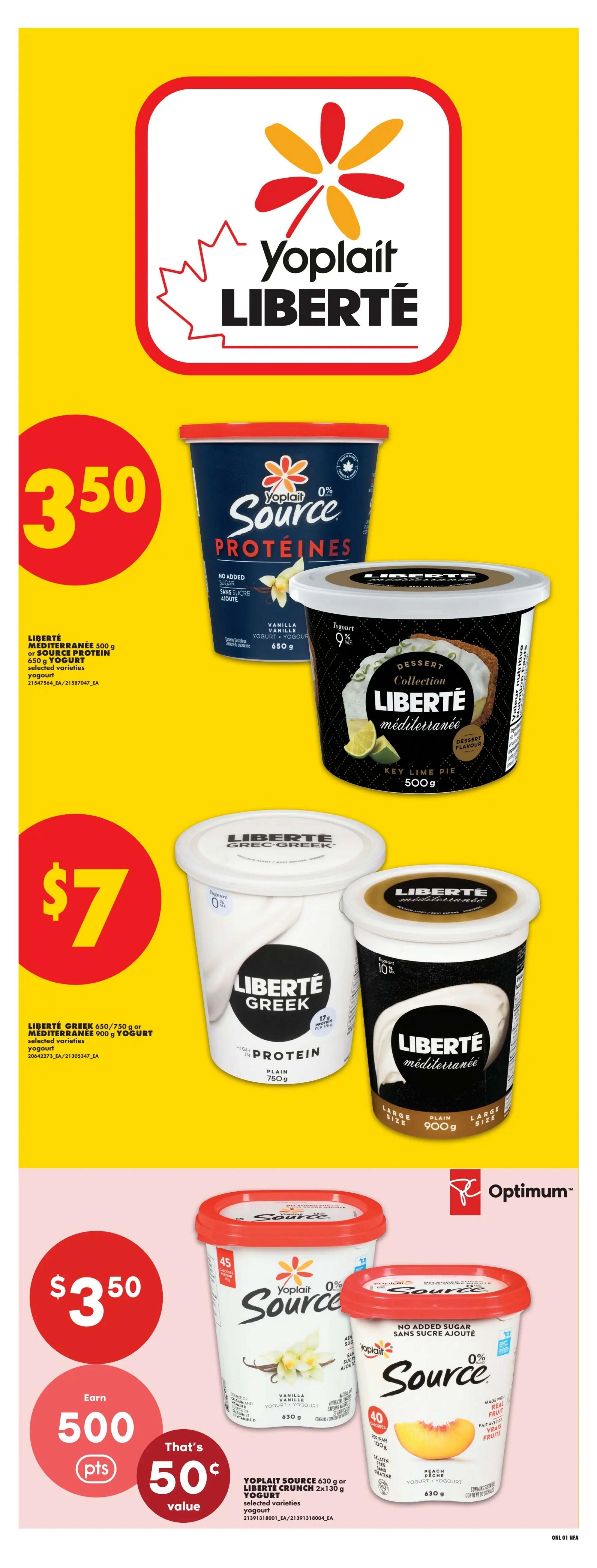 No Frills Atlantic Canada weekly flyer specials, page 7. Featured products include Liberté Méditerrannée or Source Protein yogurt 650g or 900g for $3.50. Also, Liberté Greek 650g/750g or Liberté Méditerrannée 900g yogurt for $7. Additionally, Yoplait Source 630g or Liberté Crunch 2x130g yogurt is available, with an offer to earn 500 Optimum points (worth 50 cents value) when purchasing these yogurts. The Yoplait Source yogurts are 0% sugar and come in Vanilla and Peach flavours.