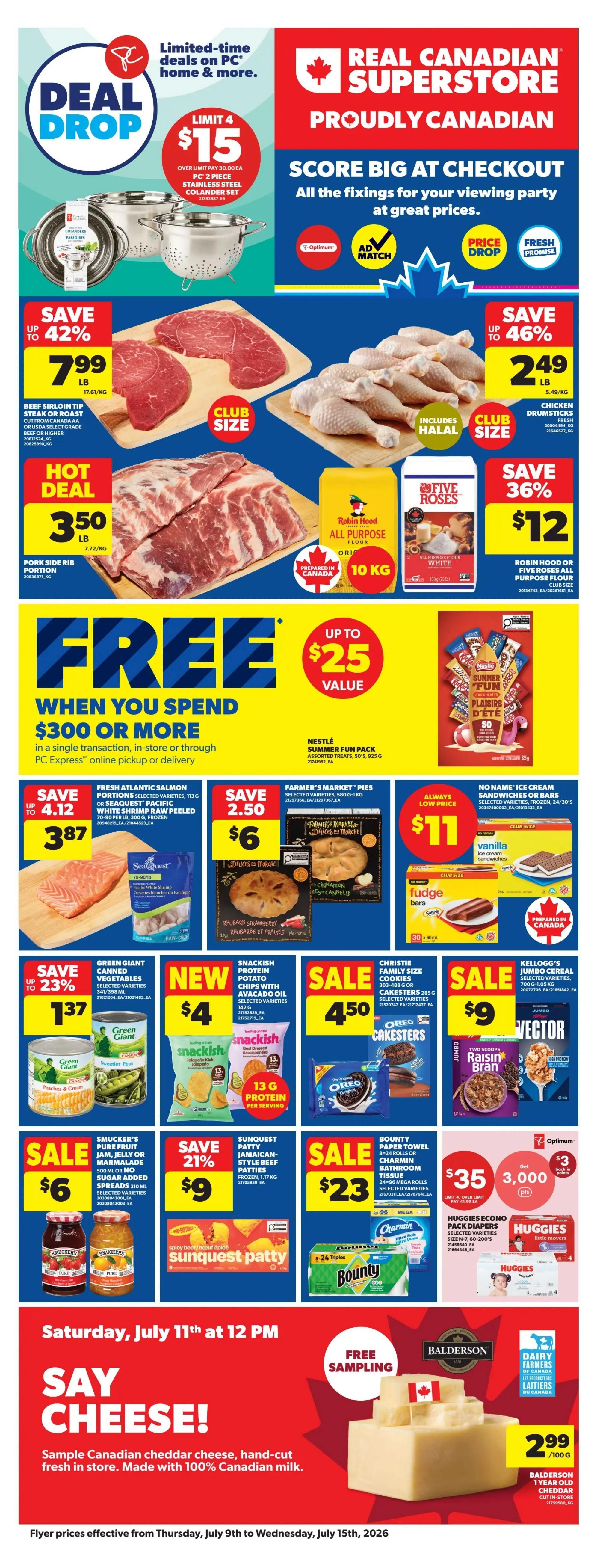 Real Canadian Superstore flyer page 1 featuring hot deals. Get 5,000 Optimum points when you spend $25 on Aveeno Hair, Body Care, Skincare or Baby Products, selected varieties. Get 7,000 Optimum points when you spend $30 on Bed and Bath items, including a sheet set. Rubbermaid Food Storage containers are up to 30% off. Blue Buffalo Dry Dog Food, selected varieties, 2.2 kg, is on sale for $22, save up to $2.50, and get 3,000 Optimum points back. Arm & Hammer Clump & Seal Slide Odour Control Litter, 9.1 kg, is on sale for $18, save $5.99. Available at multiple store locations including Milton, Weston, Sarnia, Oshawa, Ottawa, Peterborough, and Georgetown.