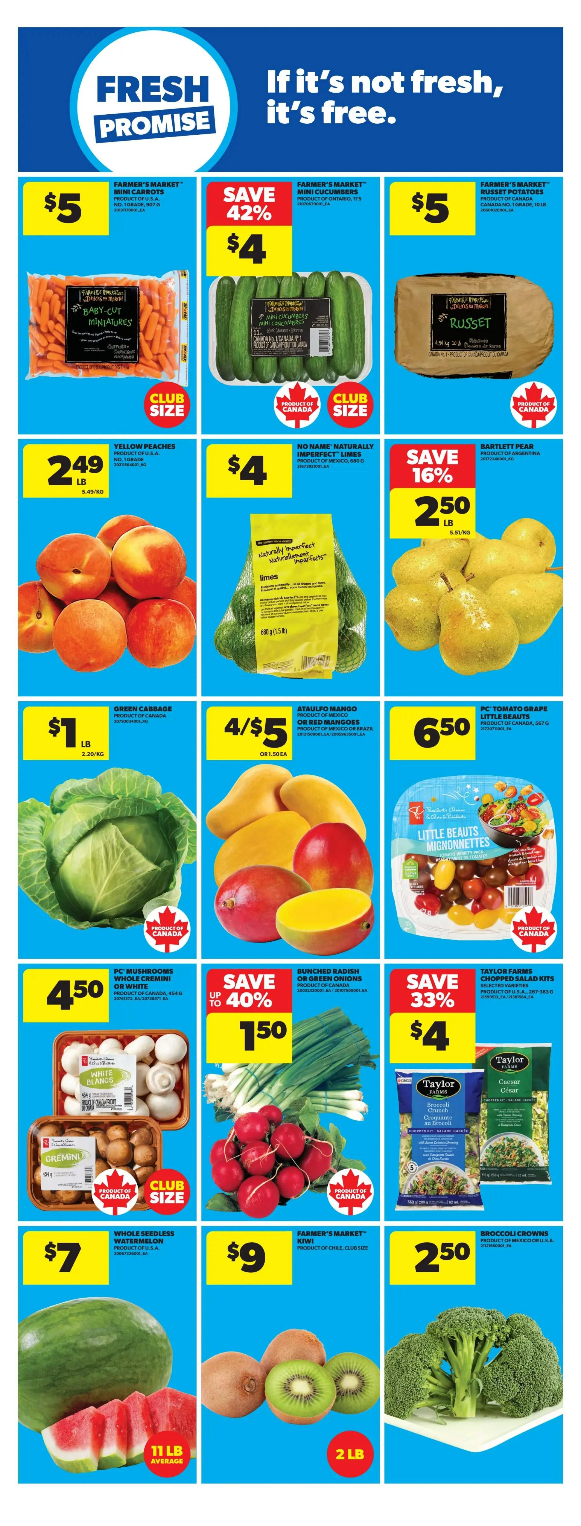 Real Canadian Superstore Ontario flyer page 12 features a Fresh Promise section. On sale are Farmer's Market Mini Carrots for $5, Farmer's Market Mini Cucumbers for $4 (save 42%), and Farmer's Market Russet Potatoes (10 lb) for $5. Also available are Yellow Peaches for $2.49/lb, No Name Naturally Imperfect Limes (680g) for $4, and Bartlett Pears for $2.50/lb (save 16%). Green Cabbage is $1/lb. Ataulfo Mango or Red Mangoes are 4 for $5. PC Little Beauts Mignonnettes Tomato Grape Assortment is $6.50. PC Mushrooms Whole Cremini or White (454g) are $4.50. Bunched Radish or Green Onions are on sale for $1.50 (save up to 40%). Taylor Farms Chopped Salad Kits are $4 (save 33%). Whole Seedless Watermelon (11 lb average) is $7. Farmer's Market Kiwi (2 lb) is $9. Broccoli Crowns (product of Mexico or U.S.A.) are $2.50.