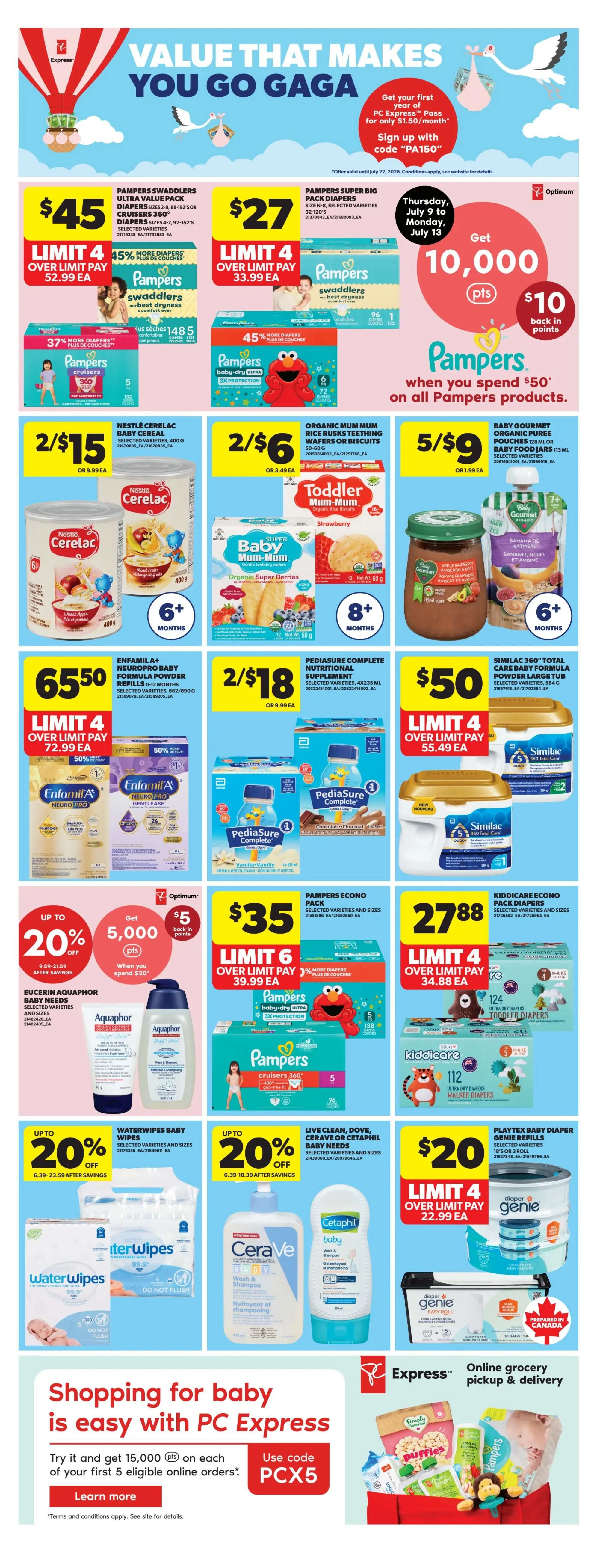 Real Canadian Superstore Ontario flyer page 30 features a promotion on Pampers products: spend $50 on Pampers products and get 10,000 Optimum points, equivalent to $10 back in points. Also featured are Pampers Swaddlers Ultra Value Pack diapers for $45, Pampers Super Big Pack diapers for $27, and Pampers Econo Pack diapers for $35. Kiddiecare Econo Pack diapers are $27.88. Baby needs include Eucerin Aquaphor Baby Needs with up to 20% off, Waterwipes Baby Wipes with up to 20% off, and Live Clean, Dove, Cerave or Cetaphil Baby Needs with up to 20% off. Other baby products include Nestlé Cerelac Baby Cereal for 2/$15, Toddler Mum-Mum Organic Rice Rusks Teething Wafers or Biscuits for 2/$6, Baby Gourmet Organic Puree Pouches or Baby Food Jars for 5/$9, Enfamil A+ Neuropro Baby Formula Powder Refills for $65.50, and Pediasure Complete Nutritional Supplement for 2/$18. Similac 360 Total Care Baby Formula Powder Large Tub is $50. Playtex Baby Diaper Genie Refills are $20. The page also highlights shopping for baby with PC Express, offering 15,000 points on first 5 eligible online orders with code PCX5. Online grocery pickup and delivery are available.