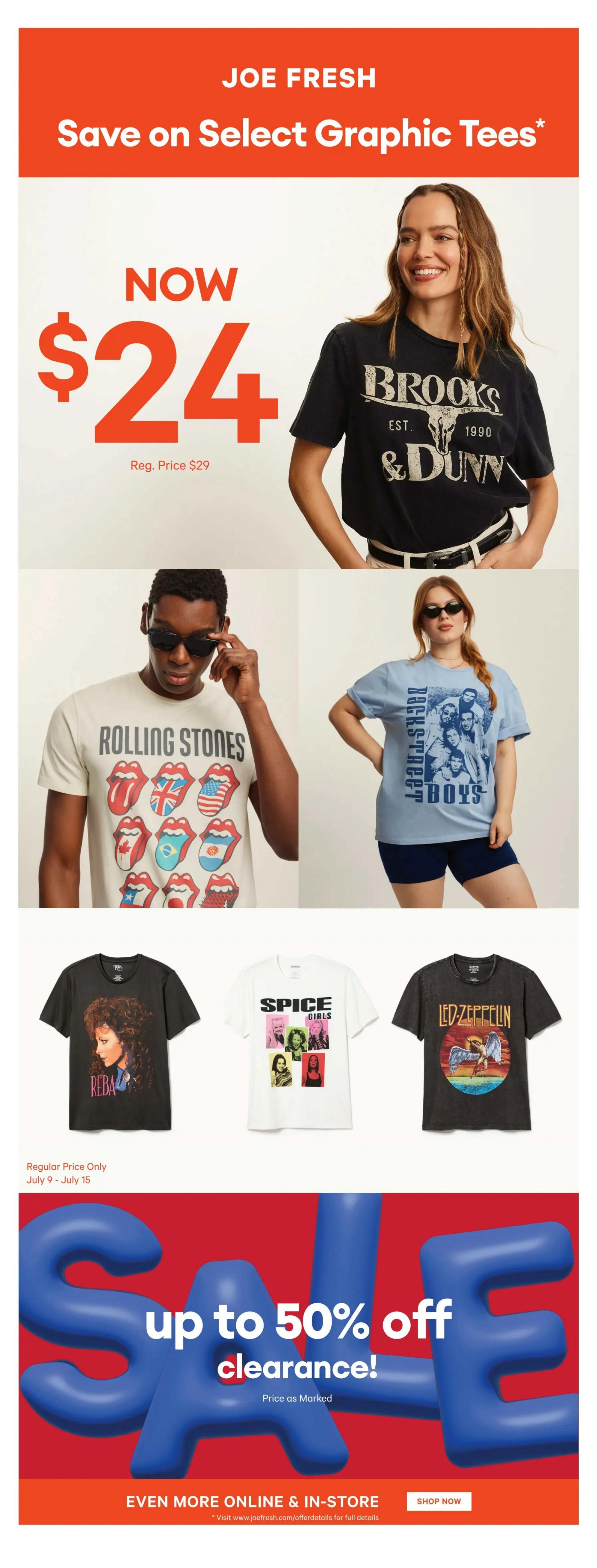 Joe Fresh graphic tees on sale. Select graphic tees are now $24, down from a regular price of $29. Featured graphic tees include designs for Brooks & Dunn, Rolling Stones, Backstreet Boys, Reba, Spice Girls, and Led Zeppelin. Additionally, there is a clearance sale with up to 50% off, with prices as marked. More offers are available online and in-store. This is page 38 of the Real Canadian Superstore flyer.