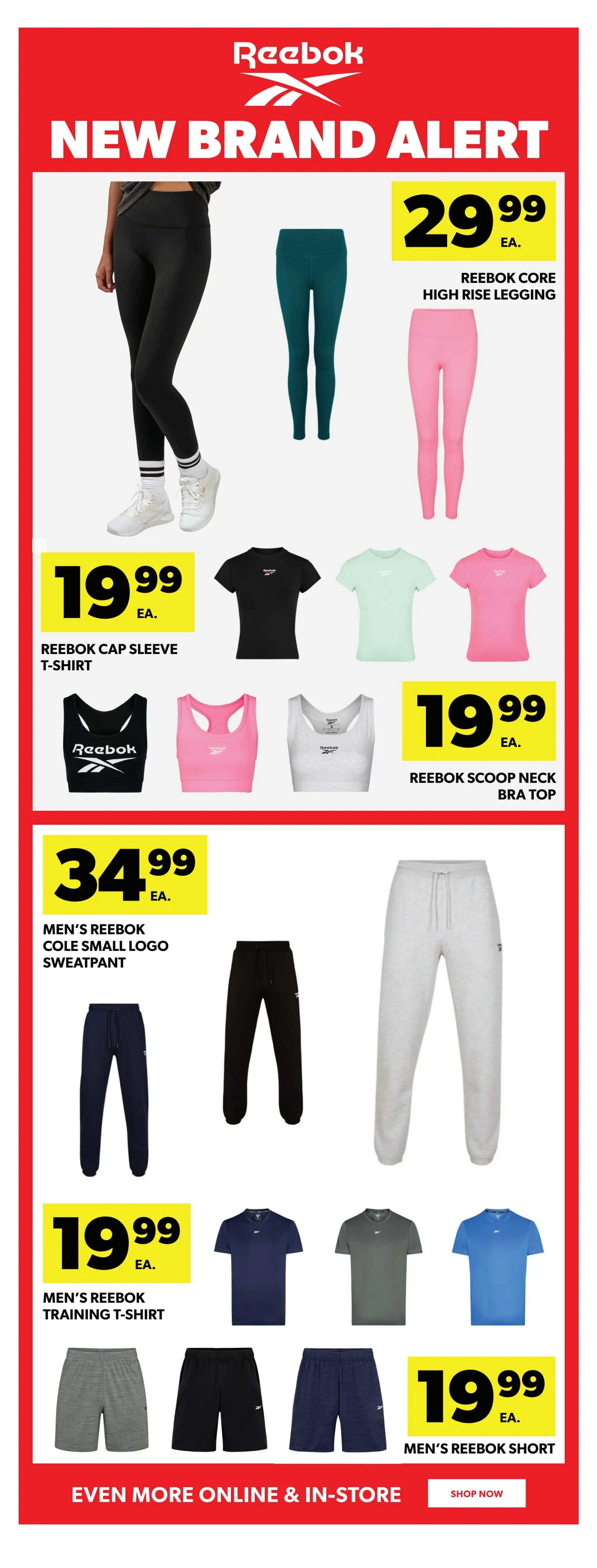 Real Canadian Superstore weekly flyer specials page 39 features a New Brand Alert for Reebok. Featured items include Reebok Core High Rise Legging for $29.99, Reebok Cap Sleeve T-Shirt for $19.99, and Reebok Scoop Neck Bra Top for $19.99. Also available are Men's Reebok Cole Small Logo Sweatpant for $34.99, Men's Reebok Training T-Shirt for $19.99, and Men's Reebok Short for $19.99. More items are available online and in-store.