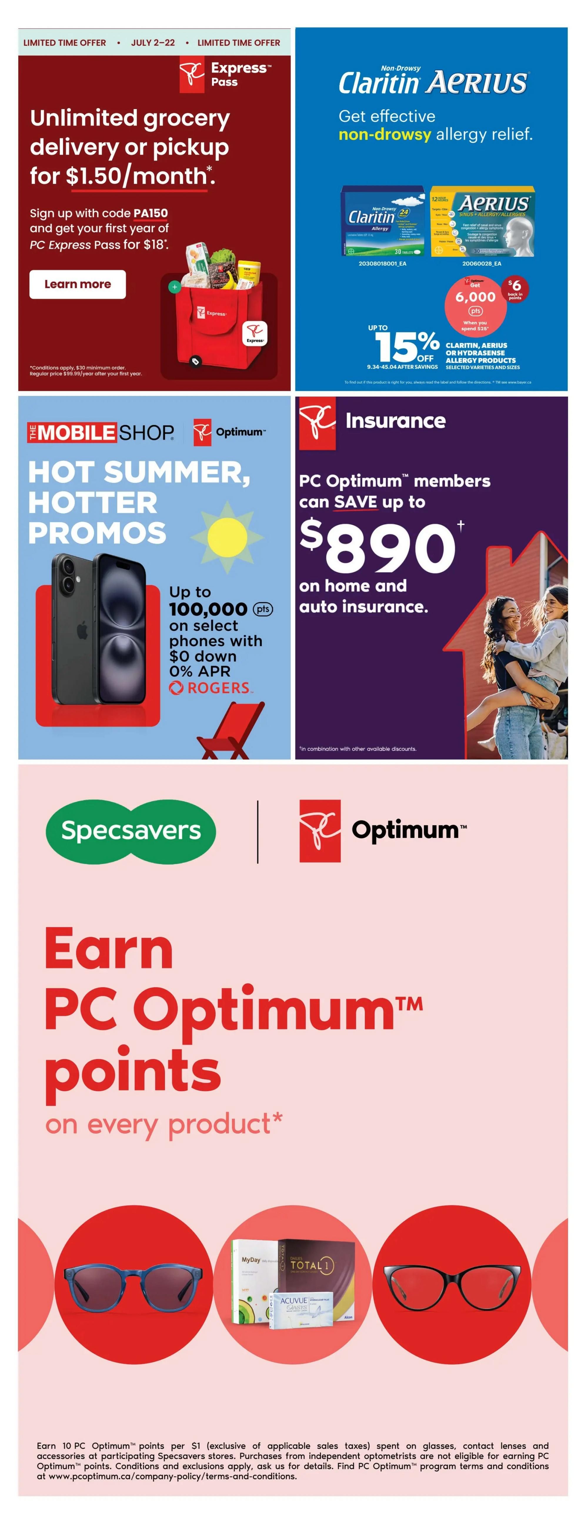 Real Canadian Superstore flyer page 41 features several promotions. Get unlimited grocery delivery or pickup for $1.50/month with PC Express Pass, using code PA150 for the first year. Claritin Aerius non-drowsy allergy relief products are available with up to 15% off, and you can get $6 back in points when you spend $28 on select Claritin and Aerius allergy products. The Mobile Shop offers hot summer promos on select phones with $0 down and 0% APR through Rogers, with up to 100,000 PC Optimum points. PC Optimum members can save up to $890 on home and auto insurance. Additionally, earn PC Optimum points on every product at Specsavers, including glasses, contact lenses like Acuvue, and other accessories. Earn 10 PC Optimum points per $1 spent on glasses, contact lenses, and accessories at participating Specsavers stores.