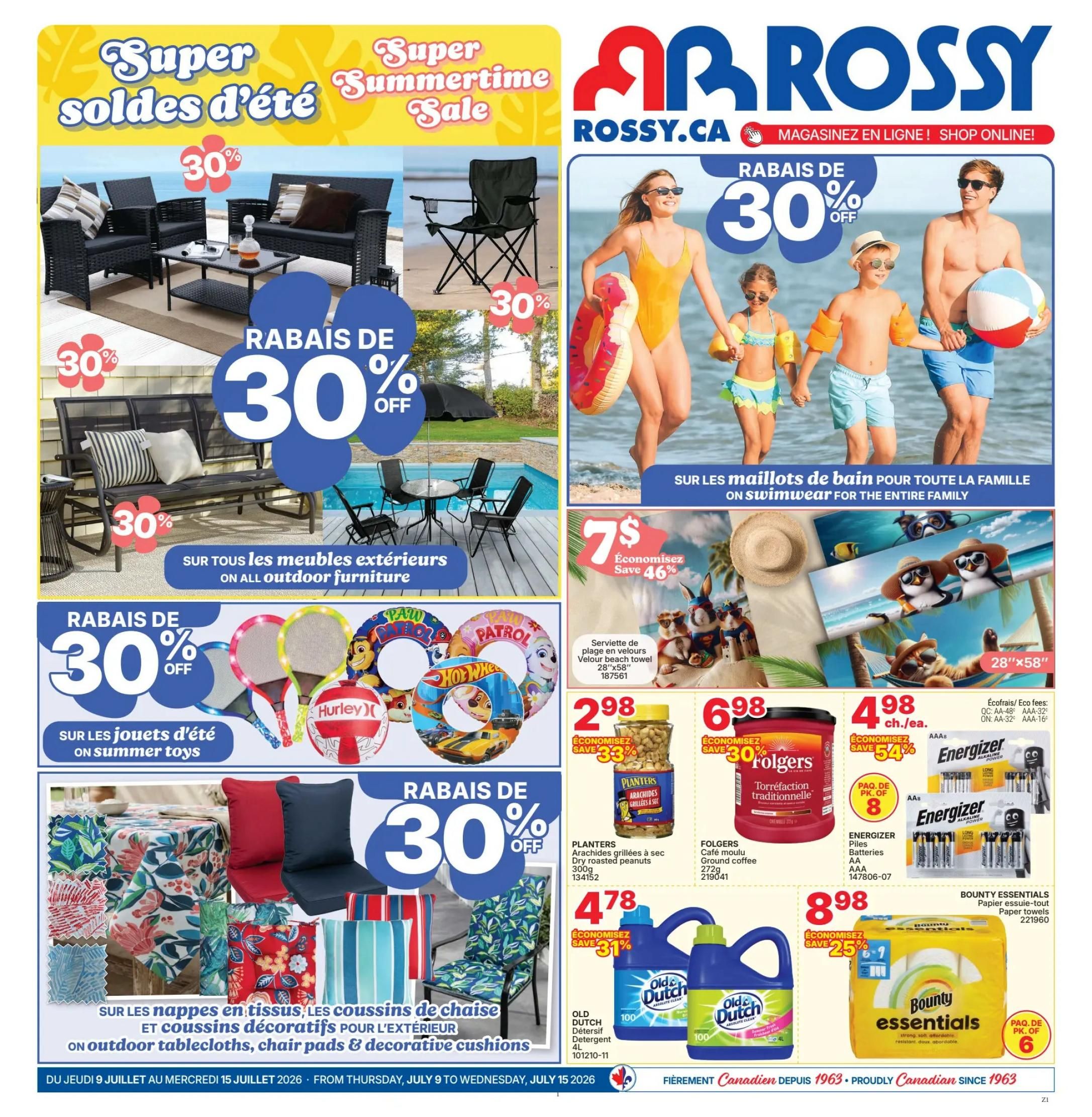 Rossy Weekly Flyer Specials page 1. Features a Super Summertime Sale with 30% off on all outdoor furniture, including patio sets, chairs, and benches. Also, 30% off on summer toys like pool floats and badminton sets. On the right side, save 46% on a Velour beach towel, 28'x58', for $7. Enjoy 33% savings on Planters dry roasted peanuts, 300g, for $2.98. Folgers traditional roast ground coffee, 272g, is 30% off at $6.98. Old Dutch detergent, 4L, is 31% off at $4.78. Energizer AA and AAA batteries, 8-pack, are on sale. Bounty Essentials paper towels, 6-pack, are 25% off at $8.98. The flyer is valid from Thursday, July 9 to Wednesday, July 15, 2026.