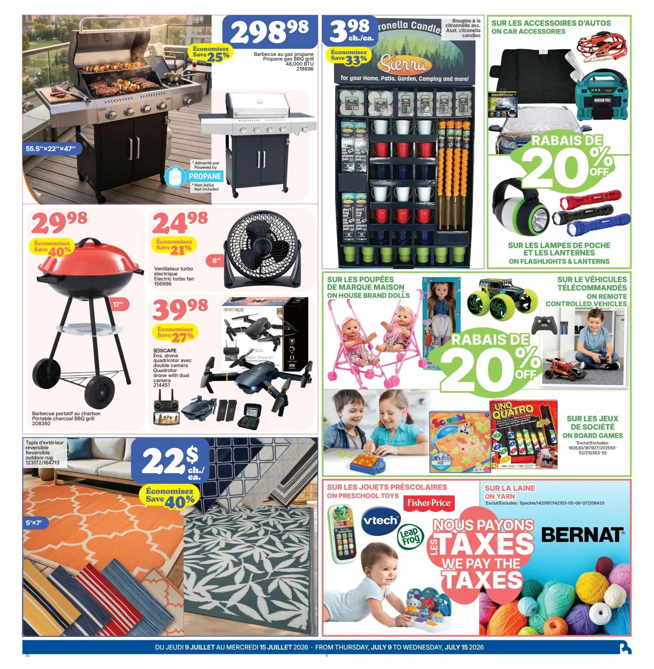 Rossy Weekly Flyer Specials Page 4: Features a large propane gas BBQ grill for $298.98, saving 25%. Also available is a portable charcoal BBQ grill for $29.98, saving 40%, and an 8' electric turbo fan for $24.98, saving 21%. An (E)SCAPE drone quadrotor with dual camera is priced at $39.98, saving 27%. On the right, Sierra citronella candles are $3.98 each, saving 33%. On car accessories, get 20% off on items like car covers, jump starters, and flashlights. Also on sale are remote-controlled vehicles and board games, with 20% off on flashlights and lanterns. Outdoor reversible rugs are $22, saving 40%. The page also highlights 'We Pay The Taxes' on Bernat yarn and features Fisher-Price and VTech preschool toys.