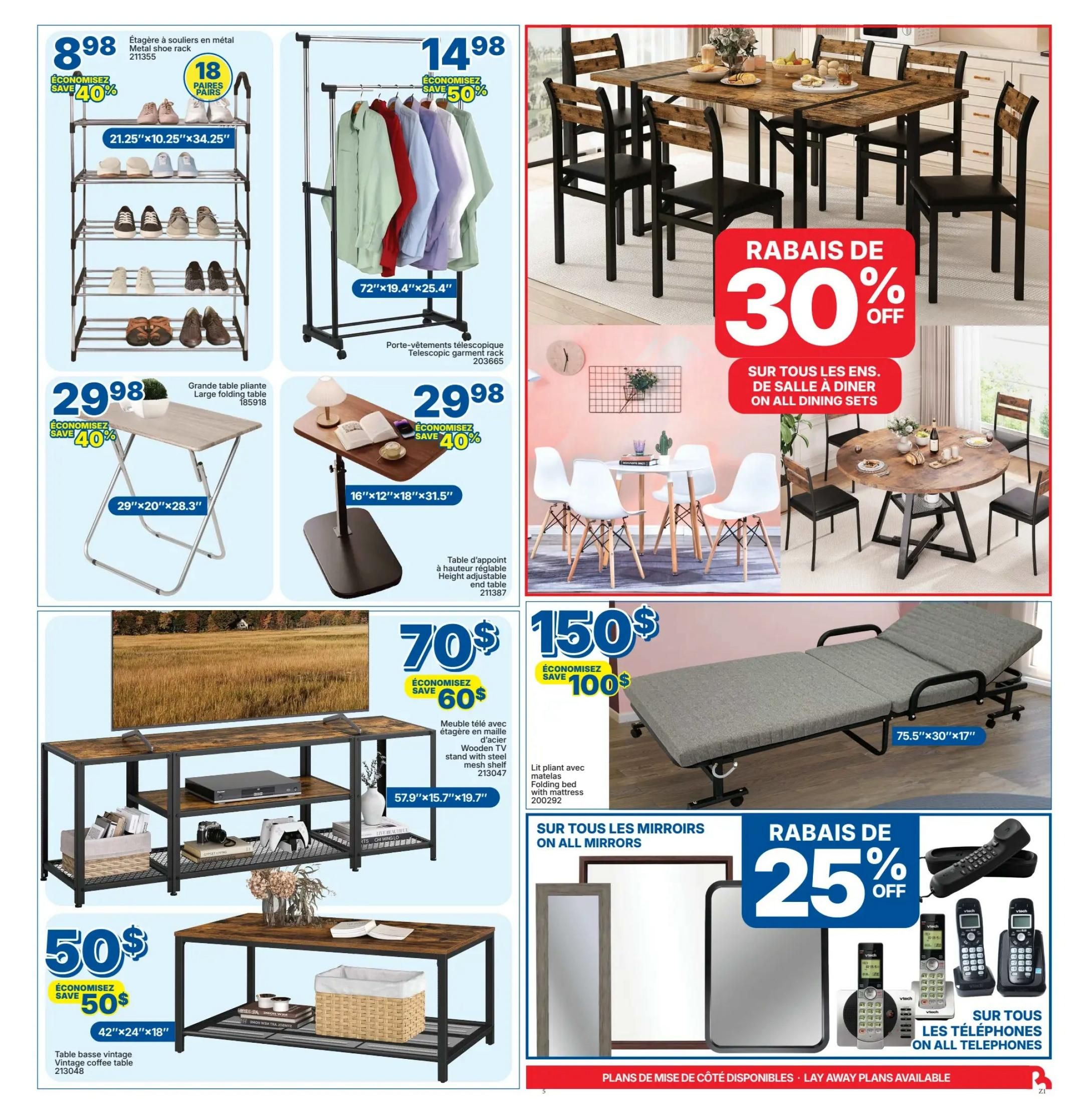 Rossy Weekly Flyer Specials Page 5: Features a metal shoe rack for $8.98, saving 40%, with dimensions 21.25'x10.25'x34.25'. A telescopic garment rack is on sale for $14.98, saving 50%, measuring 72'x19.4'x25.4'. A large folding table is $29.98, saving 40%, with dimensions 29'x20'x28.3'. A height-adjustable end table is $29.98, with dimensions 16'x12'x18'x31.5'. A dining set sale offers 30% off all dining sets. A wooden TV stand with steel mesh shelf is $70, saving $60, measuring 57.9'x15.7'x19.7'. A folding bed with mattress is $150, saving $100, measuring 75.5'x30'x17'. A vintage coffee table is $50, saving $50, measuring 42'x24'x18'. Also featured are mirrors with 25% off all mirrors and a selection of VTech telephones on sale.