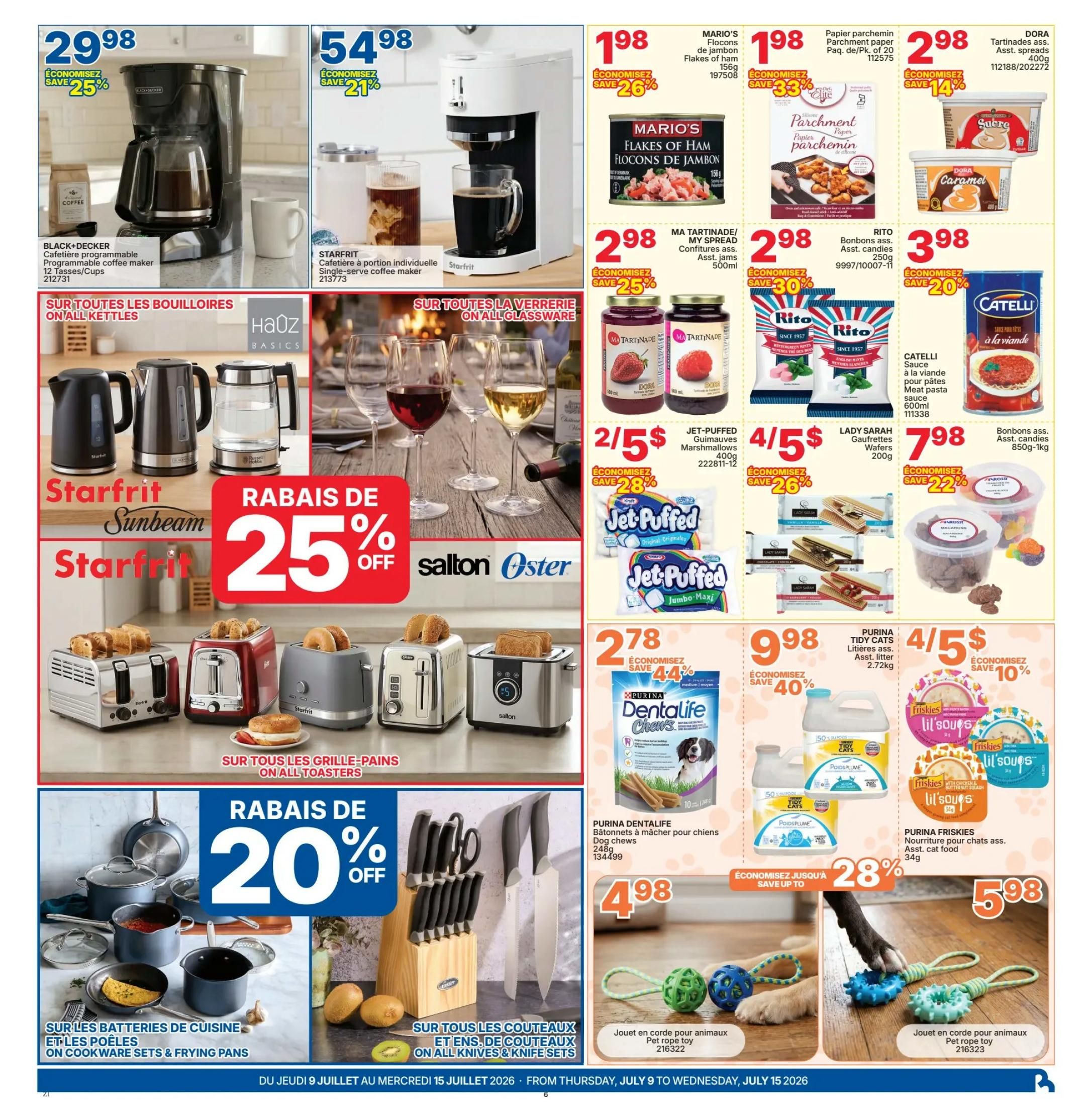 Rossy Weekly Flyer Specials Page 6: Features a BLACK+DECKER programmable coffee maker for $29.98, saving 25%, and a Starfrit single-serve coffee maker for $54.98, saving 21%. Also on sale are kettles from Starfrit and Sunbeam with a 25% discount. All toasters are on sale with a 25% discount. On glassware, save 25%. Mario's Flakes of Ham (156g) are $1.98, saving 26%. My Spread (500ml) is $2.98, saving 25%. Parchment paper (20 sheets) is $2.98, saving 33%. Dora Caramel spread (400g) is $2.98, saving 14%. Rito Assorted candies (250g) are $3.98, saving 20%. Catelli Meat pasta sauce (600ml) is $3.98. Jet-Puffed Marshmallows (400g) are 2 for $5, saving 28%. Lady Sarah Wafers (200g) are 4 for $5, saving 26%. Assorted candies (850g-1kg) are $7.98, saving 22%. All cookware sets and frying pans have a 20% discount. All knives and knife sets have a 20% discount. Purina Dentalife Dog Chews (248g) are $2.78, saving 44%. Tidy Cats cat litter (2.72kg) is $9.98, saving 40%. Friskies Lil' Soups cat food (34g) is 4 for $5, saving 10%. Pet rope toys are also available.