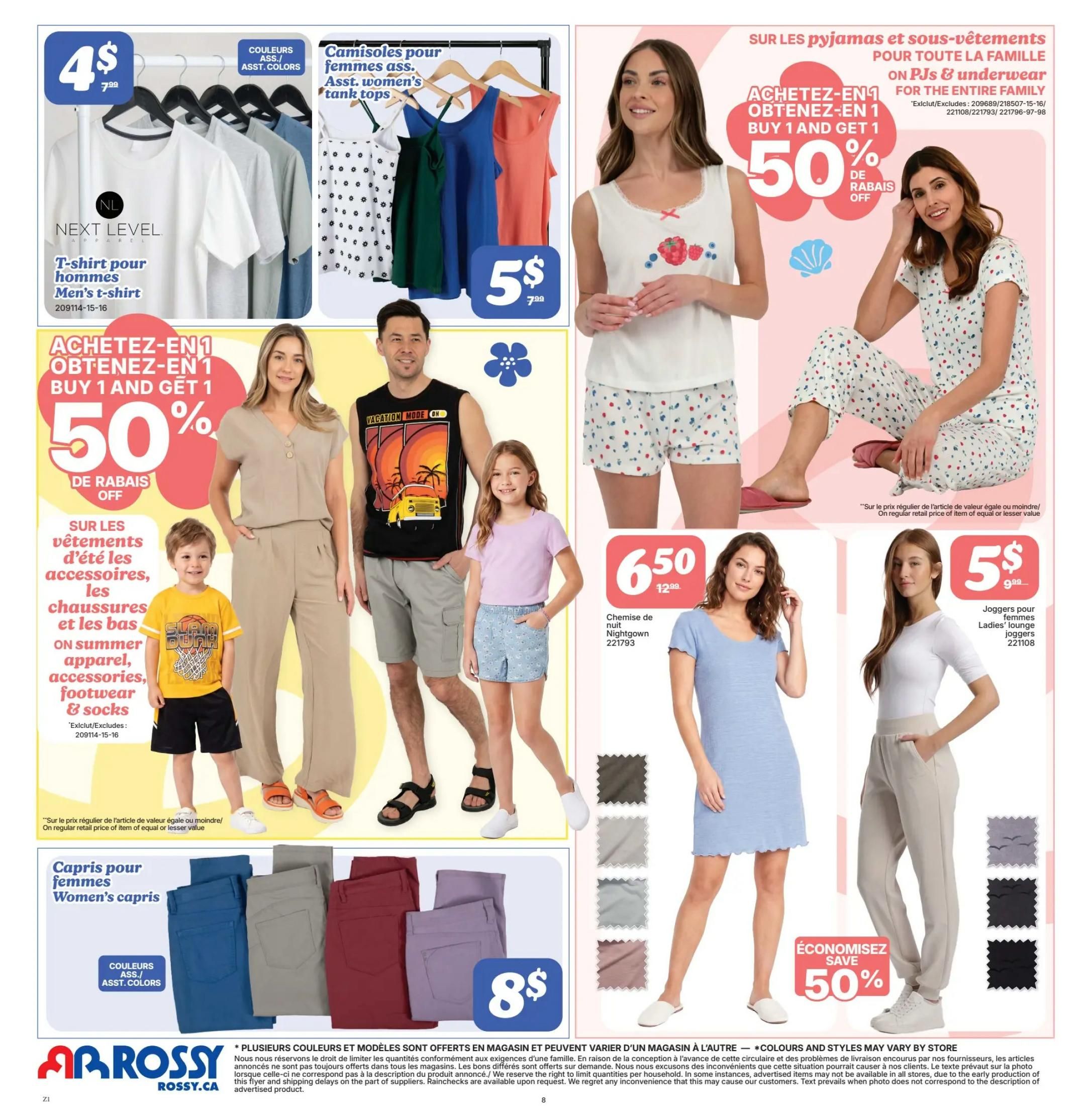 Rossy Weekly Flyer Specials, Page 8. Featuring a Buy 1 Get 1 50% off sale on summer apparel, accessories, footwear, and socks. Also on sale are men's Next Level t-shirts for $4.79, assorted women's tank tops for $5.79, and women's capris for $8. On the right side, find a Buy 1 Get 1 50% off offer on pajamas and underwear for the entire family. Pictured are women's nightgowns for $6.50 (regularly $12.99) and ladies' lounge joggers for $5.99.