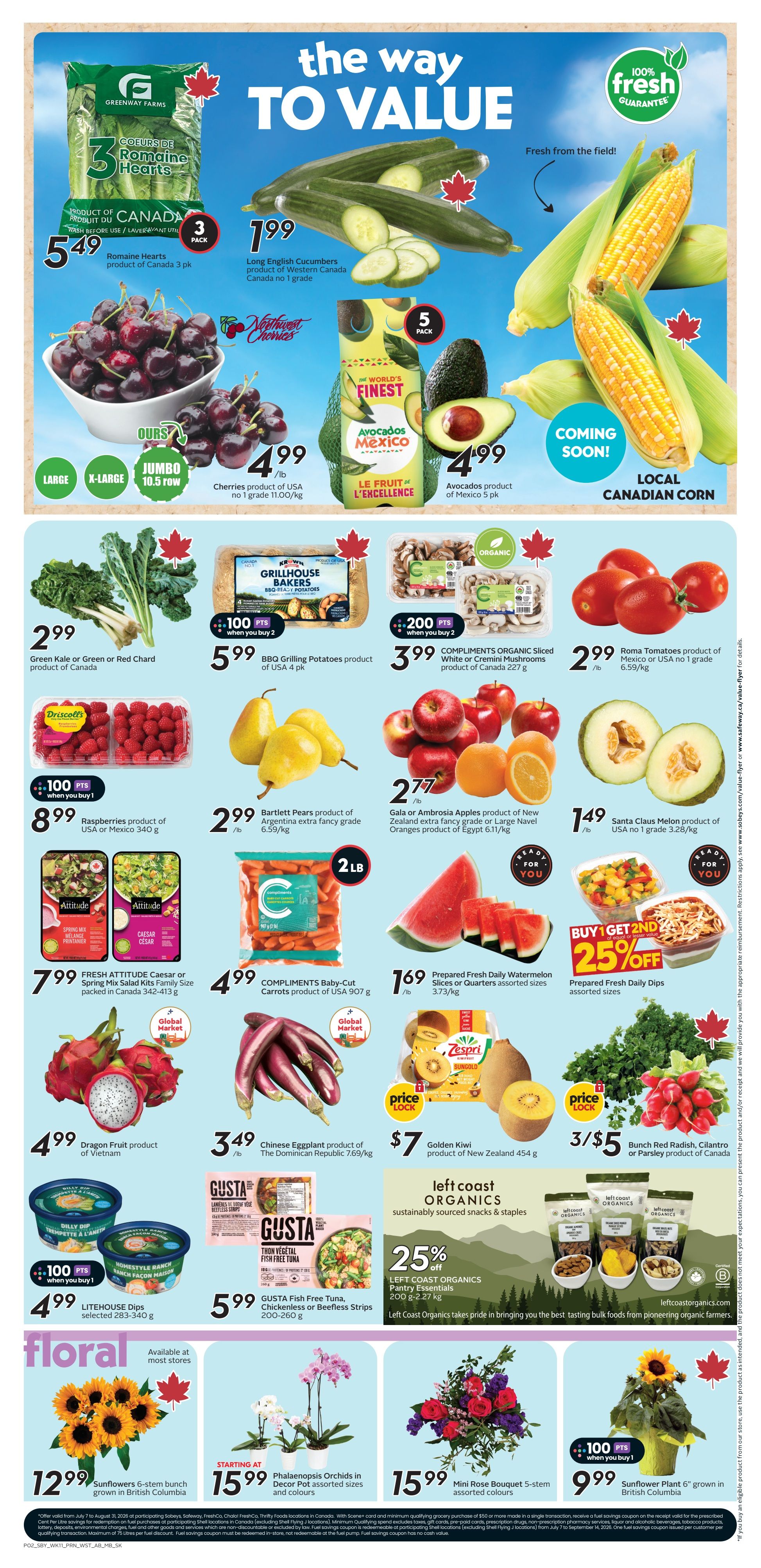 Safeway weekly flyer specials page 5 featuring a variety of fresh produce and pantry items. Highlights include Greenway Farms Romaine Hearts for $5.49, Long English Cucumbers for $1.99, and Jumbo Cherries for $4.99/lb. Avocados from Mexico are $4.99 for a 5-pack. Also featured are Green Kale or Red Chard for $2.99, BBQ Grilling Potatoes for $5.99 (when you buy 2, get 100 pts), Compliments Organic Sliced White or Cremini Mushrooms for $3.99 (when you buy 2, get 200 pts), and Roma Tomatoes for $2.99/lb. Raspberries are $8.99 (when you buy 1, get 100 pts). Bartlett Pears are $2.99/lb, and Gala or Ambrosia Apples and Navel Oranges are $2.77/lb. Santa Claus Melon is $1.49/lb. Fresh Attitude Caesar or Spring Mix Salad Kits are $7.99. Compliments Baby-Cut Carrots are $4.99. Prepared Fresh Daily Watermelon Slices or Quarters are $1.69/lb. A buy 2 get 2nd 25% off offer is available on Prepared Fresh Daily Dips. Dragon Fruit is $4.99/lb. Chinese Eggplant is $3.49/lb. Golden Kiwi from New Zealand is $7. Bunch Red Radish, Cilantro or Parsley is 3 for $5. Left Coast Organics Pantry Essentials are 25% off. Gusta Fish Free Tuna is $5.99. Floral offerings include Sunflowers for $12.99, Phalaenopsis Orchids for $15.99, and Mini Rose Bouquets for $15.99. A Sunflower Plant is $9.99 (when you buy 1, get 100 pts).
