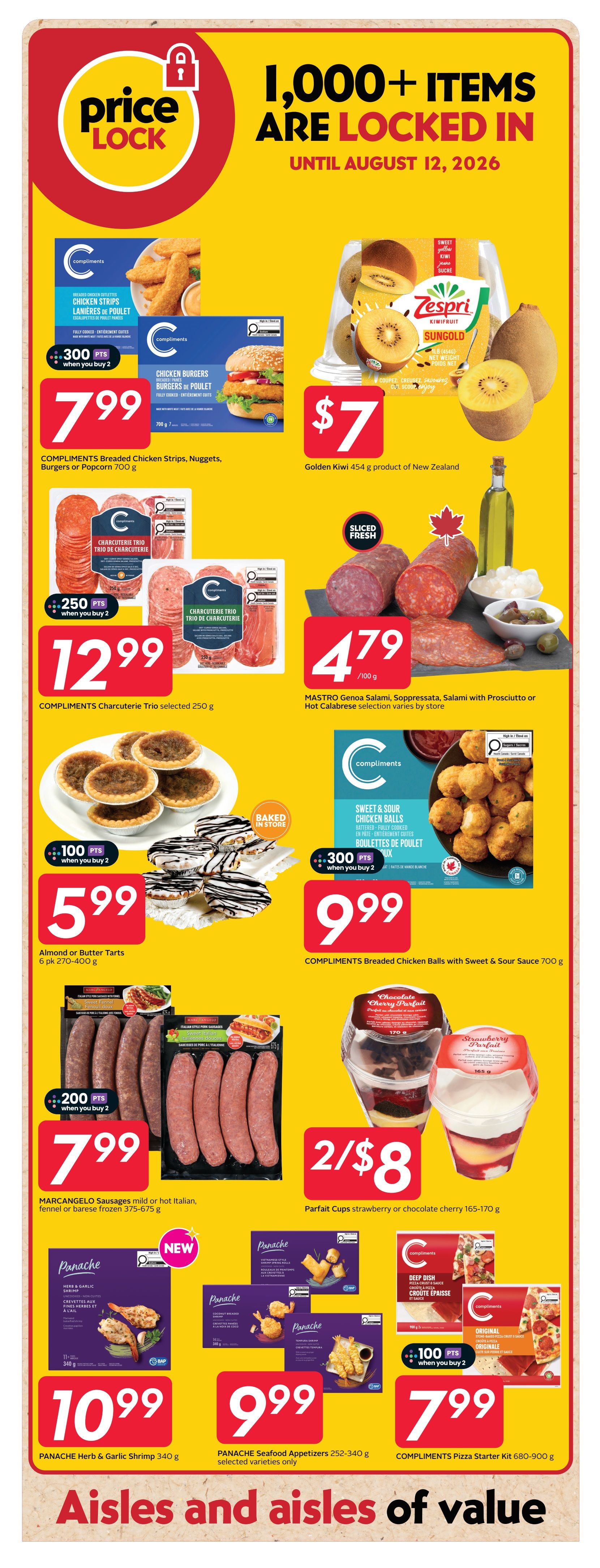 Safeway flyer page 17 featuring a 'Price Lock' promotion with over 1,000 items locked in until August 12, 2026. Featured products include COMPLIMENTS Breaded Chicken Strips, Nuggets, Burgers or Popcorn for $7.99, and COMPLIMENTS Charcuterie Trio selected for $12.99 with 250 bonus points when you buy 2. Also available are Almond or Butter Tarts 6 pk for $5.99, and COMPLIMENTS Breaded Chicken Balls with Sweet & Sour Sauce for $9.99 with 300 bonus points when you buy 2. Zespri Sungold Kiwifruit 454 g is $7. MASTRO Genoa Salami, Soppressata, Salami with Prosciutto or Hot Calabrese selection varies by store is $4.79/100 g. MARCHANGELO Sausages mild or hot Italian, fennel or barese frozen 375-675 g are $7.99 with 200 bonus points when you buy 2. Parfait Cups strawberry or chocolate cherry 165-170 g are 2 for $8. New PANACHE Herb & Garlic Shrimp 340 g is $10.99. PANACHE Seafood Appetizers 252-340 g selected varieties are $9.99. COMPLIMENTS Pizza Starter Kit 680-900 g is $7.99.