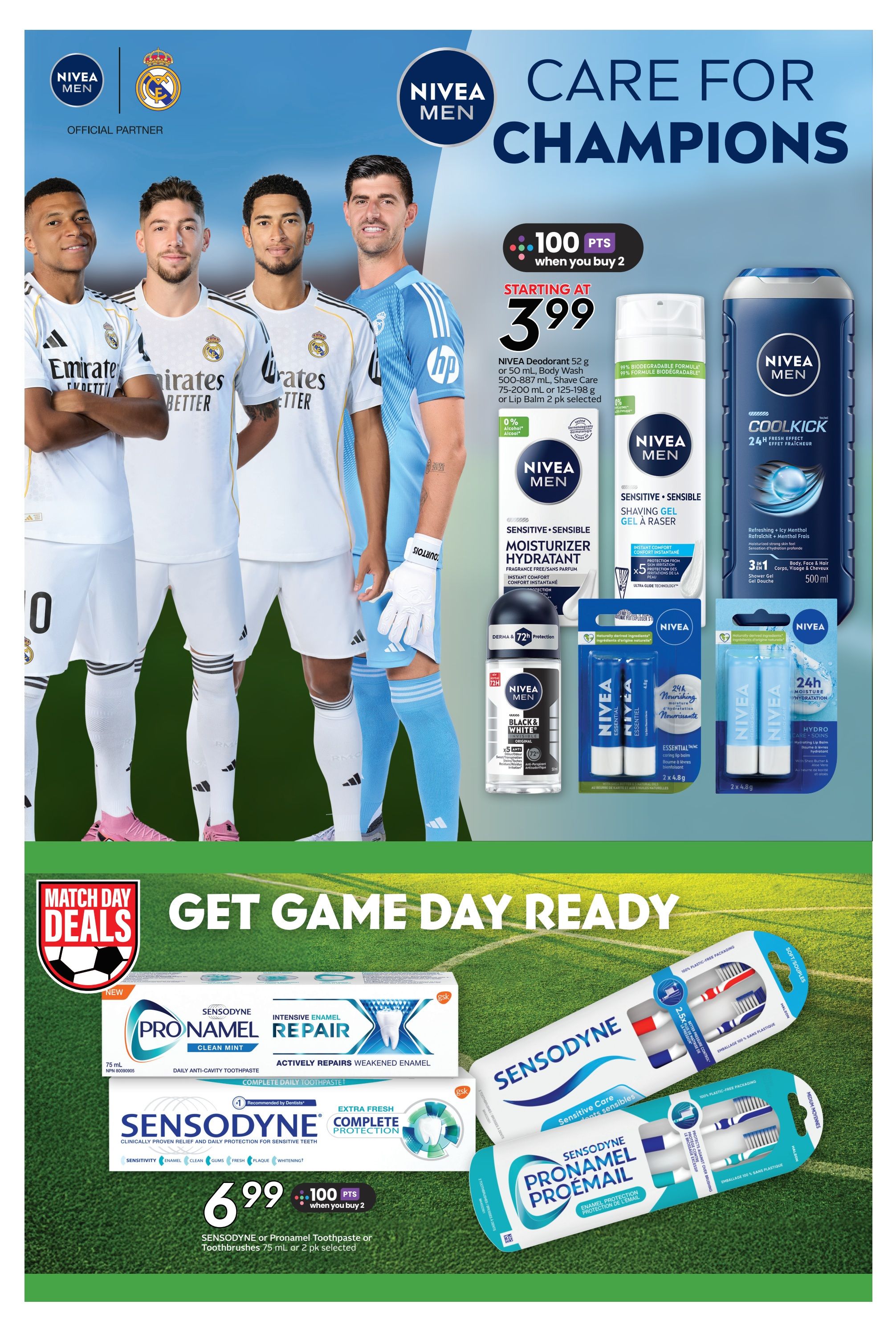 Safeway weekly flyer specials page 24 features Nivea Men's 'Care for Champions' promotion with Real Madrid players. Nivea Deodorant, Body Wash, Shave Gel, and Lip Balm are on sale starting at $3.99 when you buy 2, earning 100 bonus points. Also featured are Nivea Men Cool Kick Shower Gel for $5.99 and Nivea Men Black & White Deodorant for $3.99. The bottom section highlights Sensodyne 'Match Day Deals' with Sensodyne or Pronamel Toothpaste (75 mL) or Toothbrushes (2 pk) for $6.99 when you buy 2, earning 100 bonus points.