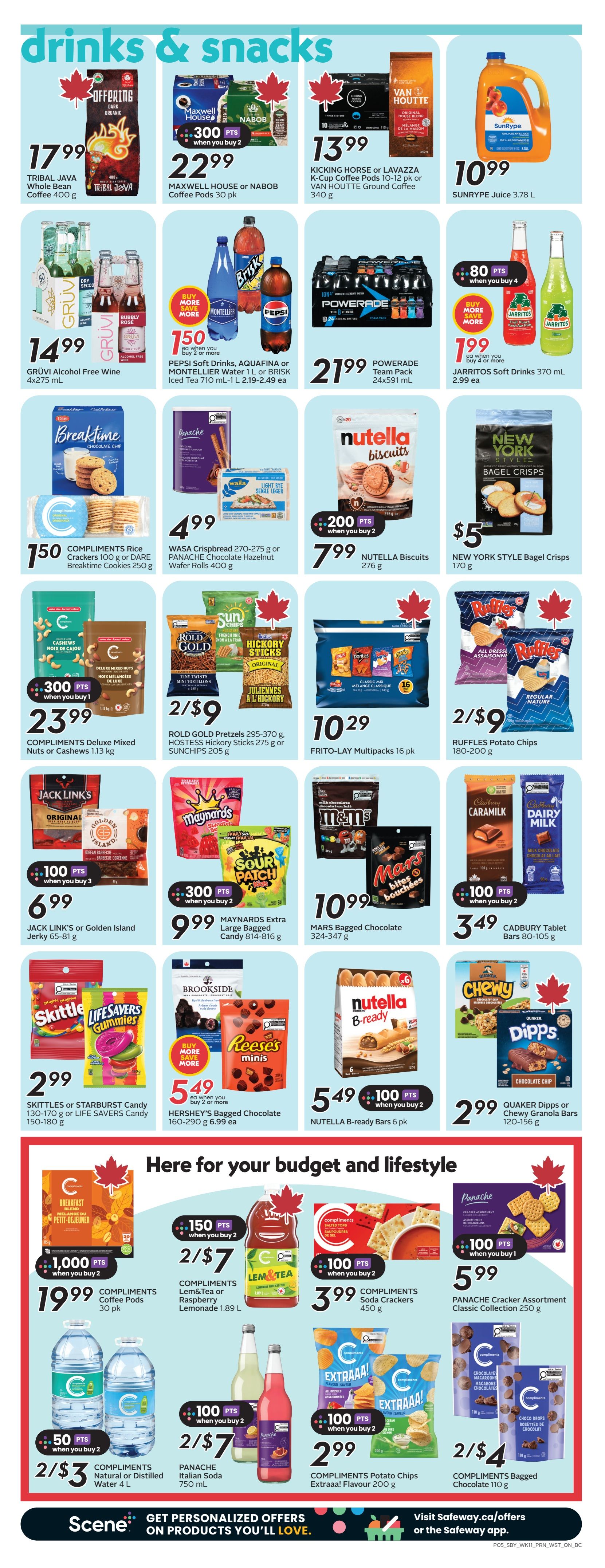 Safeway weekly flyer specials page 8 features a wide selection of drinks and snacks. Top row offers Tribal Java Whole Bean Coffee for $17.99, Maxwell House or Nabob Coffee Pods 30 pk for $22.99 with 300 points when you buy 2, Kicking Horse or Lavazza K-Cup Coffee Pods 10-12 pk or Van Houtte Ground Coffee 340 g for $13.99, and SunRype Juice 3.7 L for $10.99. Second row includes GrÜvi Alcohol Free Wine 4x275 mL for $14.99, Pepsi Soft Drinks, Aquafina or Montellier Water 1 L or Brisk Iced Tea 710 mL-1 L for $7.50 when you buy 2, and Powerade Team Pack 24x591 mL for $21.99. Also featured are Jarritos Soft Drinks 370 mL for $1.99 when you buy 4. Middle section showcases Compliments Rice Crackers 100 g or Dare Breaktime Cookies 250 g for $1.50, Wasa Crispbread 270-275 g or Panache Chocolate Hazelnut Wafer Rolls 400 g for $4.99, Nutella Biscuits 276 g for $7.99 with 200 points when you buy 2, and New York Style Bagel Crisps 170 g for $5. Further down, Compliments Deluxe Mixed Nuts or Cashews 1.13 kg for $23.99 with 300 points when you buy 1, Rold Gold Pretzels 295-370 g, Hostess Hickory Sticks 275 g or Sunchips 205 g for 2 for $9, Frito-Lay Multipacks 16 pk for $10.29, and Ruffles Potato Chips 180-200 g for 2 for $9. Other deals include Jack Link's or Golden Island Jerky 65-81 g for $6.99 with 100 points when you buy 3, Maynard's Extra Large Bagged Candy 814-816 g for $9.99 with 300 points when you buy 2, Mars Bagged Chocolate 324-347 g for $10.99, and Cadbury Tablet Bars 80-105 g for $3.49 with 100 points when you buy 2. Bottom row highlights Skittles or Starburst Candy 130-170 g or Life Savers Candy 150-180 g for $2.99, Hershey's Bagged Chocolate 160-290 g for $5.49 when you buy 2, Nutella B-ready Bars 6 pk for $5.49 with 100 points when you buy 2, and Quaker Dipps or Chewy Granola Bars 120-156 g for $2.99. The bottom section, 'Here for your budget and lifestyle', features Compliments Coffee Pods 30 pk for $19.99 with 1,000 points when you buy 2, Compliments Lem&Tea or Raspberry Lemonade 1.89 L for $7 with 150 points when you buy 2, Compliments Soda Crackers 450 g for $3.99 with 100 points when you buy 2, and Panache Cracker Assortment Classic Collection 250 g for $5.99. Additional offers include Compliments Natural or Distilled Water 4 L for $3 with 50 points when you buy 2, Panache Italian Soda 750 mL for $7 with 100 points when you buy 2, Compliments Potato Chips Extraaa! Flavour 200 g for $2.99 with 100 points when you buy 2, and Compliments Bagged Chocolate 110 g for 2 for $4.