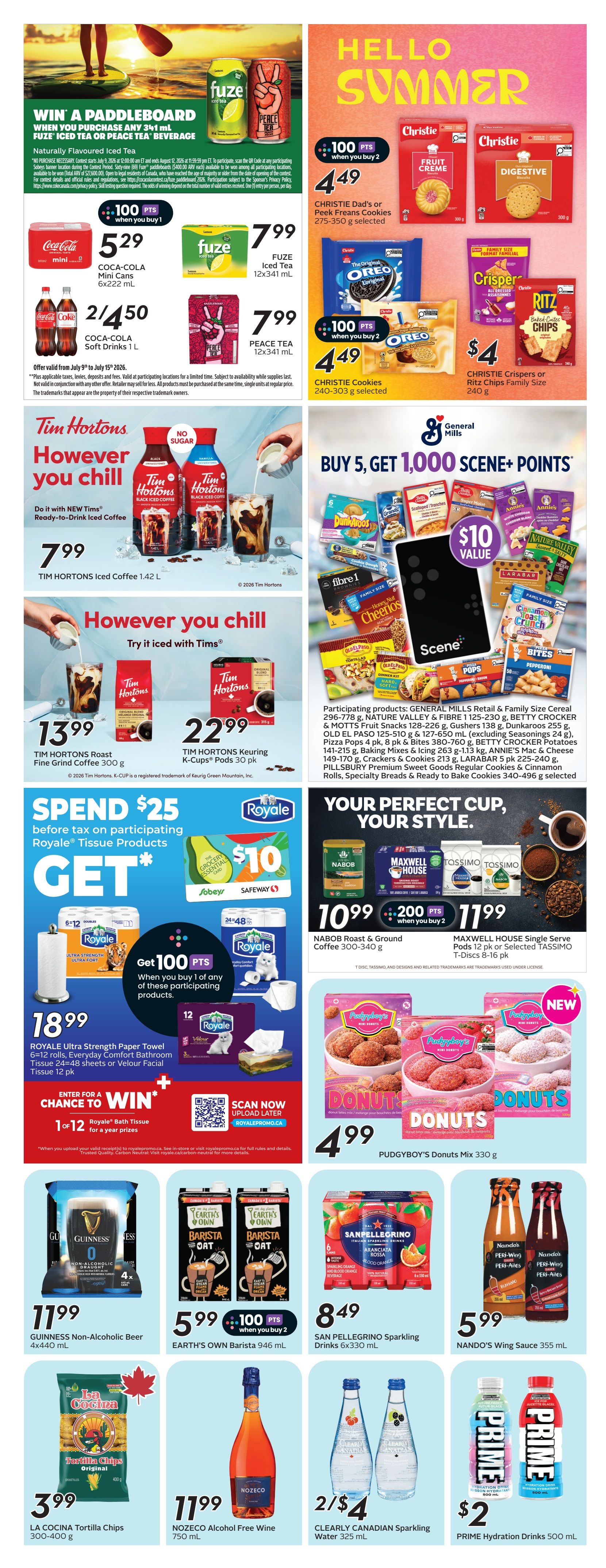 Safeway flyer page 21 featuring a 'Hello Summer' theme. Promotions include a chance to win a paddleboard with purchase of 3x 510ml FUZE Iced Tea or Peace Tea beverages. Coca-Cola Mini Cans 6x222ml are $5.29, Coca-Cola Soft Drinks 1L are 2/$4.50, FUZE Iced Tea 12x341ml is $7.99, and Peace Tea 12x341ml is $7.99. Christie Dad's or Peek Freans Cookies (275-350g) are 100 points when you buy 2 for $4.49. Christie Cookies (240-303g) are also 100 points when you buy 2 for $4.49. Christie Crispers or Ritz Chips Family Size (240g) are $4. Tim Hortons offers Ready-to-Drink Iced Coffee 1.42L for $7.99, Roast Fine Grind Coffee 300g for $13.99, and Keuring K-Cups 30 pk for $22.99. A General Mills promotion offers 'Buy 5, Get 1,000 Scene+ Points' on participating products like Cheerios, Nature Valley, Betty Crocker, Gushers, Dunkaroos, Fibre 1, Larabar, and Pillsbury. Nabob Roast & Ground Coffee (300-340g) is $10.99 with 200 bonus points when you buy 2. Maxwell House Single Serve T-Discs (8-16 pk) are $11.99. PUDGYBOY'S Donuts Mix 330g are $4.99. Spend $25 before tax on participating Royale Tissue Products and get a $10 grocery essential card. Royale Ultra Strength Paper Towel (6=12 rolls) and Everyday Comfort Bathroom Tissue (24=48 sheets or Velour Facial Tissue 12 pk) are $18.99. Enter to win Royale Bath Tissue for a year. GUINNESS Non-Alcoholic Beer 4x440mL is $11.99. EARTH'S OWN Barista 946mL is 2/$5.99. SAN PELLEGRINO Sparkling Drinks 6x330mL are $8.49. NANDO'S Wing Sauce 355mL is $5.99. LA COCINA Tortilla Chips 300-400g are $3.99. NOZECO Alcohol Free Wine 750mL is $11.99. CLEARLY CANADIAN Sparkling Water 325 mL is 2/$4. PRIME Hydration Drinks 500mL are $2.