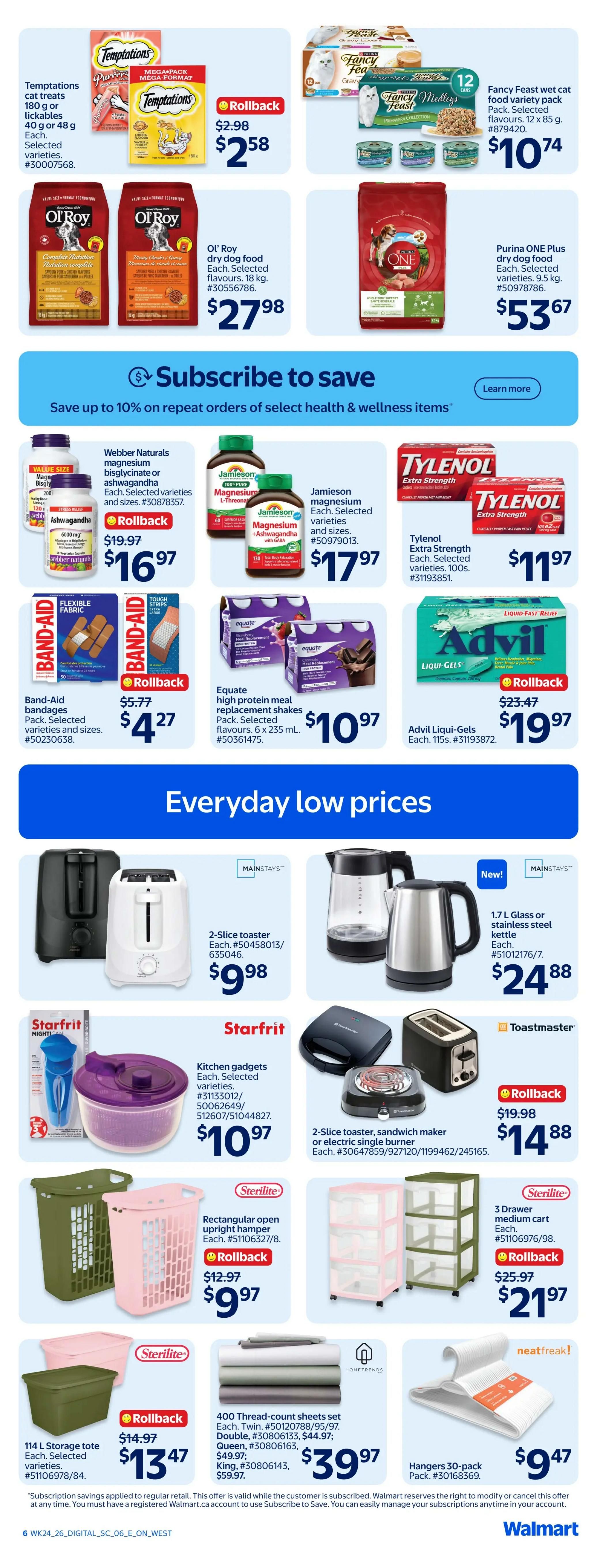 Walmart Canada weekly flyer specials page 6, featuring pet food, health and wellness items, and home goods. Deals include Temptations cat treats at $2.58, Ol' Roy dry dog food for $27.98, and Purina ONE Plus dry dog food at $53.67. Health and wellness offers include Webber Naturals magnesium bisglycinate or ashwagandha for $16.97, Jamieson magnesium for $17.97, Tylenol Extra Strength for $11.97, Equate high protein meal replacement shakes for $10.97, and Advil Liqui-Gels with a rollback price of $19.97. Home items on sale are Mainstays 2-Slice Toasters for $9.98, a Mainstays 1.7 L glass or stainless steel kettle for $24.88, Starfrit kitchen gadgets for $10.97, a Toastmaster 2-slice toaster/sandwich maker with rollback for $14.88, Sterilite rectangular open upright hampers for $9.97, a Sterilite 3-drawer medium cart with rollback for $21.97, Sterilite 114 L storage totes for $13.47, Hometrends 400 thread-count sheet sets starting at $39.97 for Twin, and Neatfreak hangers 30-pack for $9.47. A 'Subscribe to save' section offers up to 10% off repeat orders of select health and wellness items.