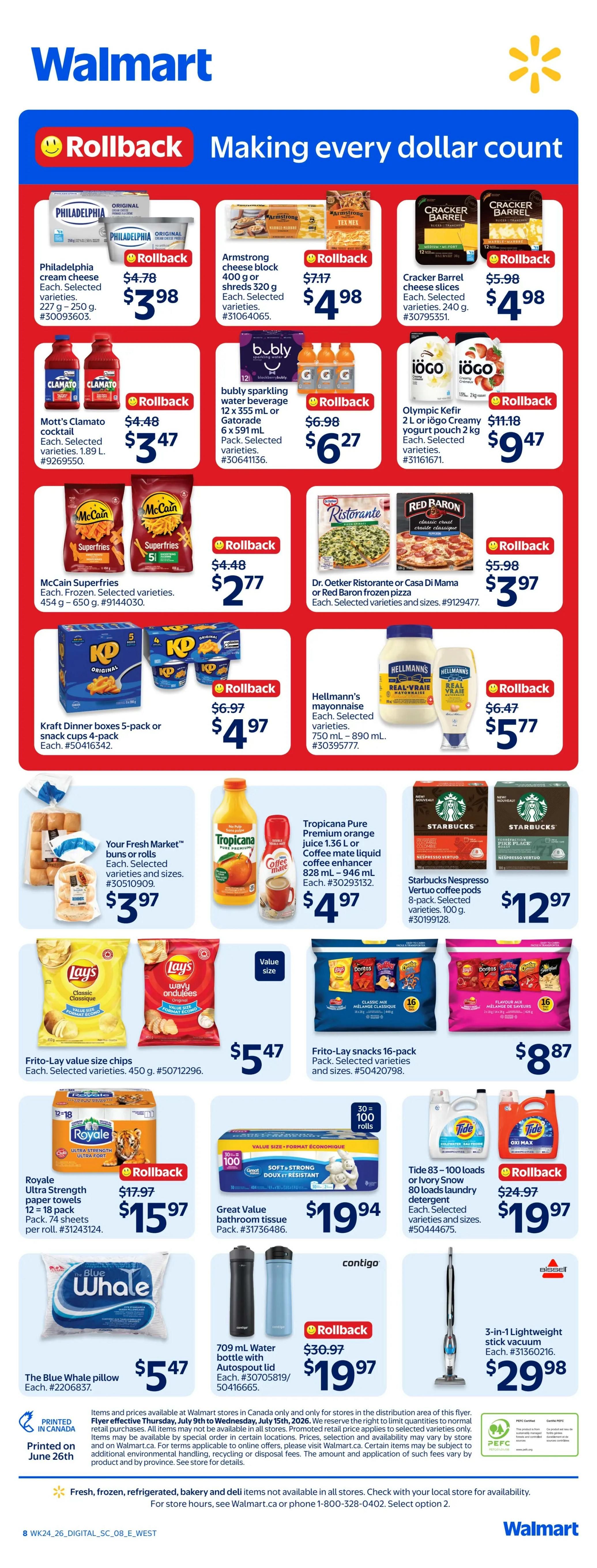 Walmart Canada weekly flyer specials page 8, featuring Rollback deals. Philadelphia cream cheese is $3.98, Armstrong cheese block is $4.98, and Cracker Barrel cheese slices are $4.98. Mott's Clamato cocktail is $3.47, bubly sparkling water beverage is $6.27, and Olympic Kefir yogurt pouch is $9.47. McCain Superfries are $2.77, Dr. Oetker Ristorante or Red Baron frozen pizza is $3.97, and Hellmann's mayonnaise is $5.77. Kraft Dinner boxes 5-pack or snack cups 4-pack are $4.97. Your Fresh Market buns or rolls are $3.97, Tropicana Pure Premium orange juice and Coffee Mate liquid creamer are $4.97, and Starbucks Verుtuo coffee pods are $12.97. Frito-Lay value size chips are $5.47, Frito-Lay snacks 16-pack are $8.87. Royale Ultra Strength paper towels are $15.97, Great Value bathroom tissue is $19.94, and Tide 83-100 loads laundry detergent is $19.97. The Blue Whale pillow is $5.47, Contigo 709 mL water bottle with autospout lid is $19.97, and a 3-in-1 Lightweight stick vacuum is $29.98. Printed on June 26th.