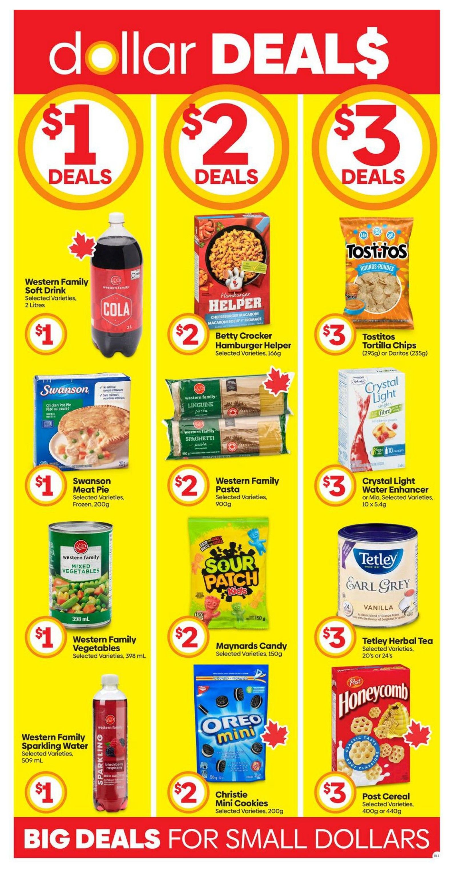 Buy-Low Foods Alberta weekly flyer specials page 5 features 'dollar DEALS'. $1 Deals include Western Family Soft Drink (2 Litres), Swanson Meat Pie (Frozen, 200g), and Western Family Mixed Vegetables (398 mL). $2 Deals include Betty Crocker Hamburger Helper (Selected Varieties, 166g), Western Family Pasta (Linguine or Spaghetti, 900g), Maynards Candy (Selected Varieties, 150g), and Christie Mini Cookies (Selected Varieties, 200g). $3 Deals include Tostitos Tortilla Chips (295g or Doritos, 235g), Crystal Light Water Enhancer (10 x 5.4g), Tetley Herbal Tea (20s or 24s), and Post Cereal Honeycomb (Selected Varieties, 400g or 440g). The page also highlights 'BIG DEALS FOR SMALL DOLLARS'.