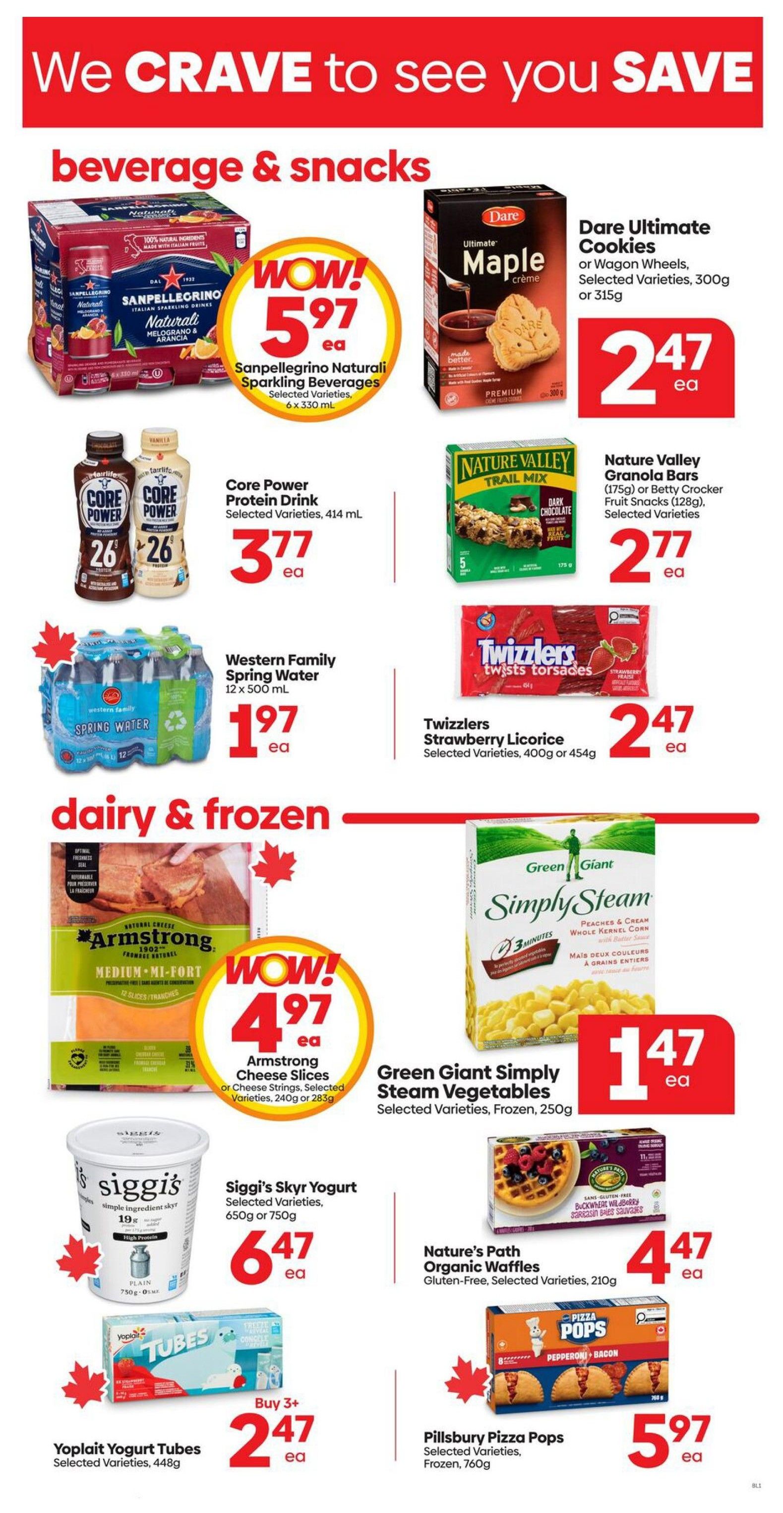Buy-Low Foods weekly flyer specials page 6 features beverages and snacks including Sanpellegrino Sparkling Beverages for $5.97, Core Power Protein Drink for $3.77, and Western Family Spring Water for $1.97. Also available are Dare Ultimate Cookies or Wagon Wheels for $2.47, Nature Valley Trail Mix or Betty Crocker Fruit Snacks for $2.77, and Twizzlers Strawberry Licorice for $2.47. In the dairy and frozen section, find Armstrong Cheese Slices for $4.97, Green Giant Simply Steam Vegetables for $1.47, Siggi's Skyr Yogurt for $6.47, Yoplait Yogurt Tubes for $2.47 when you buy 3+, Nature's Path Organic Waffles for $4.47, and Pillsbury Pizza Pops for $5.97.