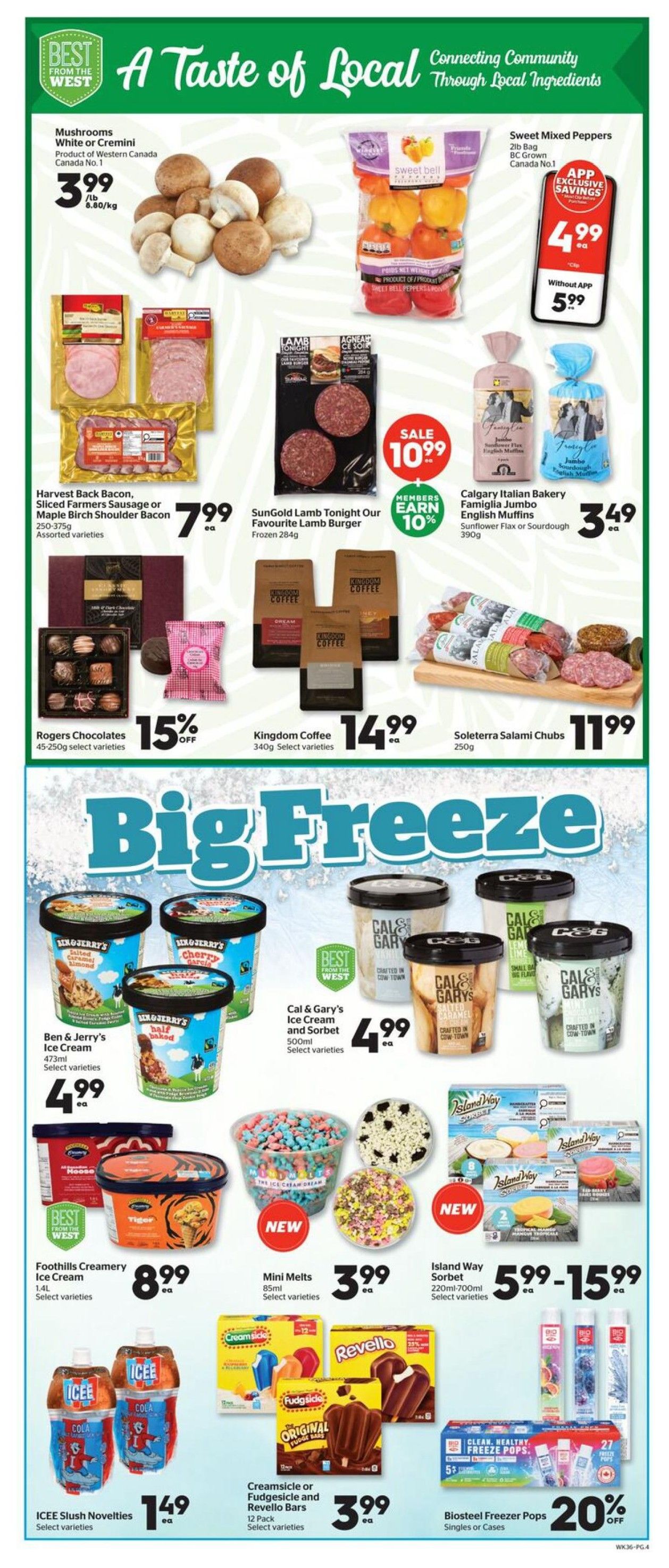 Calgary Co-op weekly flyer specials page 4 features a 'Big Freeze' section with various frozen treats. Highlights include Ben & Jerry's Ice Cream at $4.99 for 473ml, Cal & Gary's Ice Cream and Sorbet at $4.99 for 500ml, Foothills Creamery Ice Cream for $8.99 per 1.4L, and Mini Melts for $3.99 per 85ml. Island Way Sorbet is priced from $5.99 to $15.99 for 220ml-700ml. Also featured are Iced Slush Novelties for $1.49, Creamsicle or Fudgesicle and Revello Bars for $3.99 per 12 pack, and Biosteel Freezer Pops with 20% off. Other deals include Mushrooms (White or Cremini) for $3.99/lb, Sweet Mixed Peppers for $4.99 with app exclusive savings (or $5.99 without), Harvest Back Bacon, Sliced Farmers Sausage or Maple Birch Shoulder Bacon for $7.99, SunGold Lamb Tonight Our Favourite Lamb Burger for $10.99, Rogers Chocolates with 15% off, Kingdom Coffee for $14.99, and Soleterra Salami Chubs for $11.99.