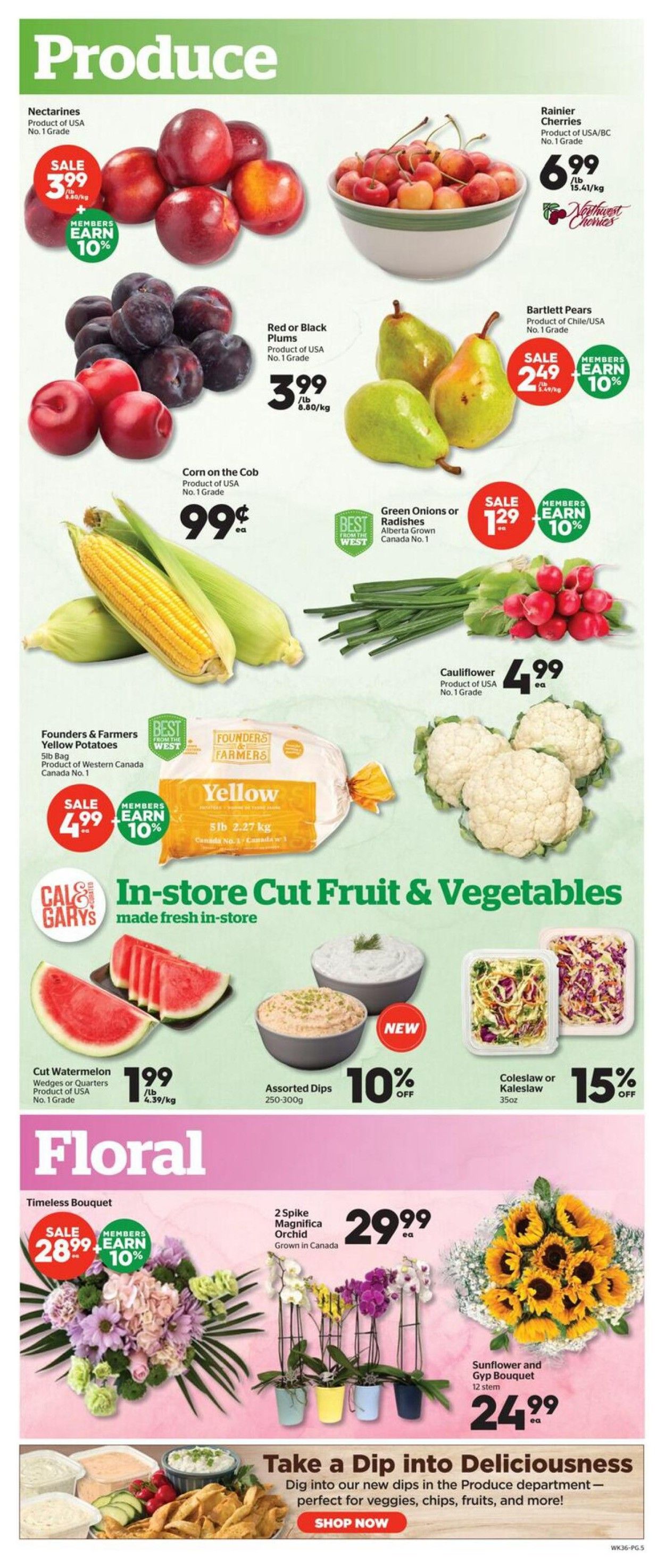 Calgary Co-op Weekly Flyer Specials, Page 5. Featured produce includes Nectarines for $3.99/lb, Red or Black Plums for $3.99/lb, and Rainier Cherries for $6.99/lb. Bartlett Pears are on sale for $2.49/lb. Corn on the Cob is $0.99 each. Green Onions or Radishes are $1.29. Founders & Farmers Yellow Potatoes, a 5lb bag, are on sale for $4.99. Cauliflower is $4.99 each. In-store cut fruit and vegetables include Cut Watermelon for $1.99/lb, Assorted Dips for 10% off, and Coleslaw or Kale Slaw for 15% off. The Floral section features a Timeless Bouquet on sale for $28.99, 2 Spike Magnifica Orchids for $29.99 each, and a Sunflower and Gyp Bouquet for $24.99. Also advertised is a 'Take a Dip into Deliciousness' promotion for new dips in the Produce department.