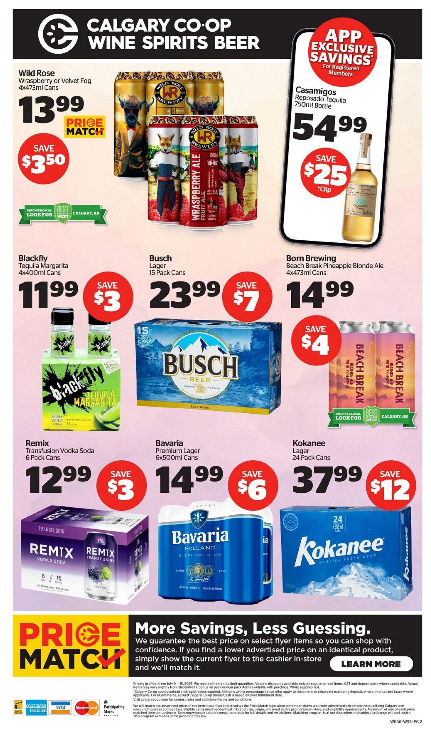 Calgary Co-op Wine Spirits Beer flyer, page 2. Featured products include Wild Rose Wraspberry or Velvet Fog 4x473ml Cans for $13.99 with a $3.50 saving. Casamigos Reposado Tequila 750ml Bottle is available for $54.99 with a $25 saving. Blackfly Tequila Margarita 4x400ml Cans are $11.99, save $3. Busch Lager 15 Pack Cans are $23.99, save $7. Born Brewing Beach Break Pineapple Blonde Ale 4x473ml Cans are $14.99, save $4. Remix Transfusion Vodka Soda 6 Pack Cans are $12.99, save $3. Bavaria Premium Lager 6x500ml Cans are $14.99, save $6. Kokanee Lager 24 Pack Cans are $37.99, save $12. The flyer highlights a 'Price Match' guarantee and 'App Exclusive Savings' for registered members.