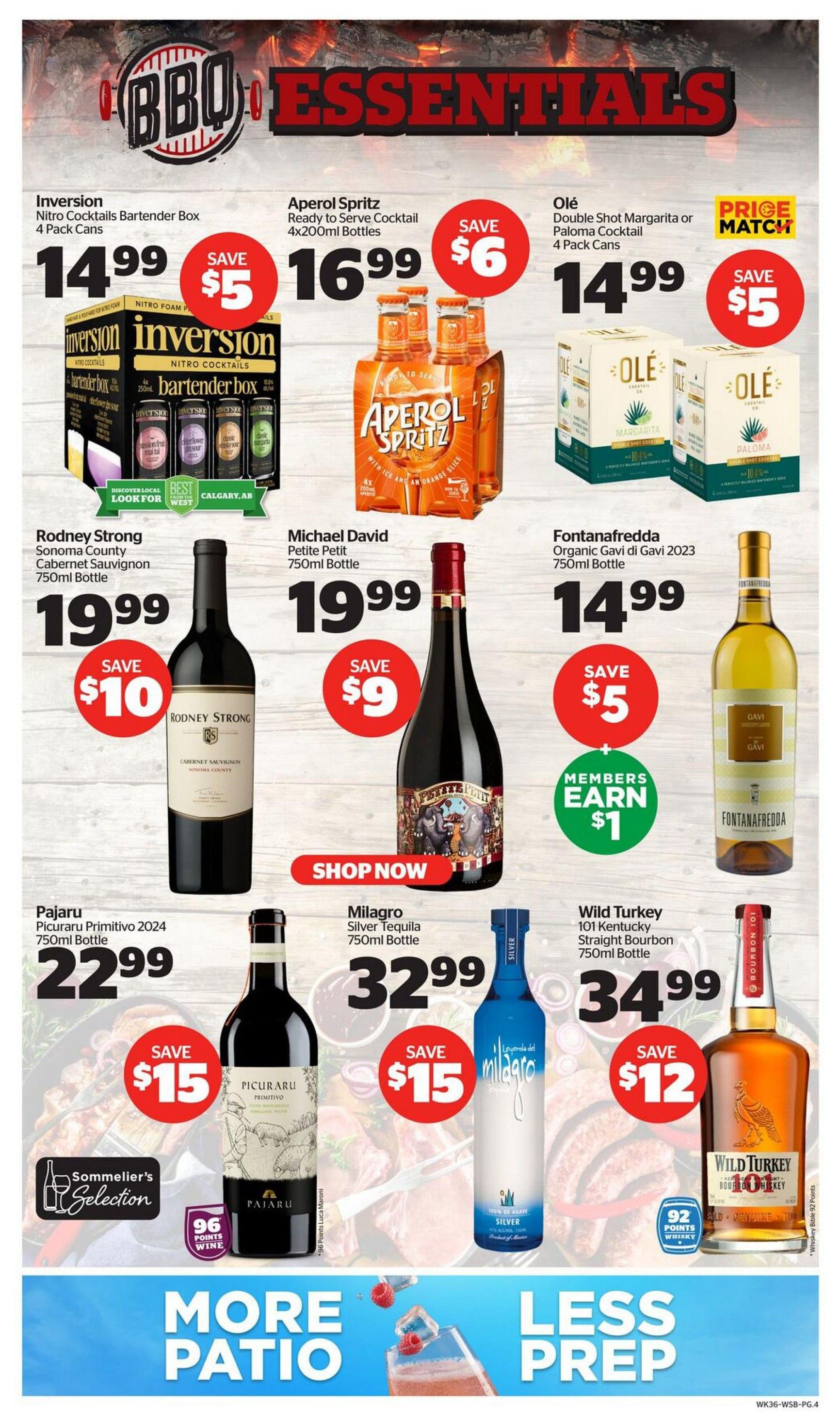 Calgary Co-op flyer page 4 features BBQ Essentials. Offers include Inversion Nitro Cocktails Bartender Box 4 Pack Cans for $14.99, save $5. Aperol Spritz Ready to Serve Cocktail 4x200ml Bottles for $16.99, save $6. Olé Double Shot Margarita or Paloma Cocktail 4 Pack Cans for $14.99, save $5. Rodney Strong Sonoma County Cabernet Sauvignon 750ml Bottle for $19.99, save $10. Michael David Petite Petit 750ml Bottle for $19.99, save $9. Fontanfredda Organic Gavi di Gavi 2023 750ml Bottle for $14.99, save $5, members earn $1. Pajaru Picuraru Primitivo 2024 750ml Bottle for $22.99, save $15. Milagro Silver Tequila 750ml Bottle for $32.99, save $15. Wild Turkey 101 Kentucky Straight Bourbon 750ml Bottle for $34.99, save $12. The page also highlights 'More Patio Less Prep' with drink imagery.