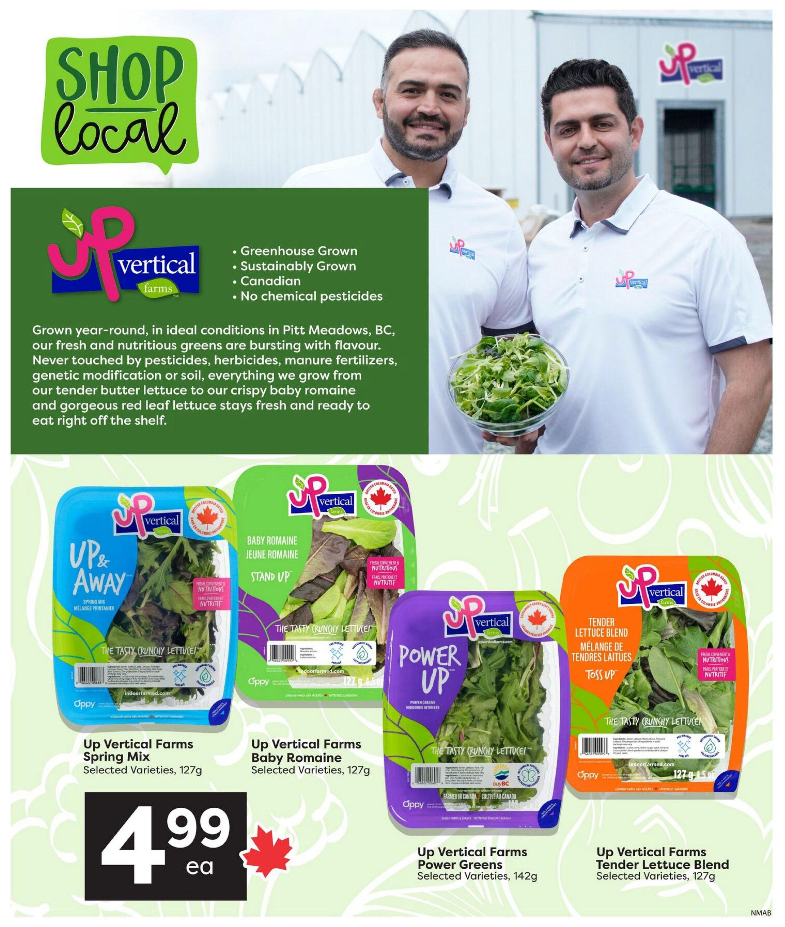 Nesters Market flyer page 3 features Up Vertical Farms produce. The page highlights their commitment to greenhouse growing, sustainable practices, Canadian sourcing, and no chemical pesticides. Featured products include Up Vertical Farms Spring Mix, selected varieties, 127g for $4.99 ea. Also available are Up Vertical Farms Baby Romaine, selected varieties, 127g, and Up Vertical Farms Power Greens, selected varieties, 142g. The Tender Lettuce Blend, selected varieties, 127g is also showcased.