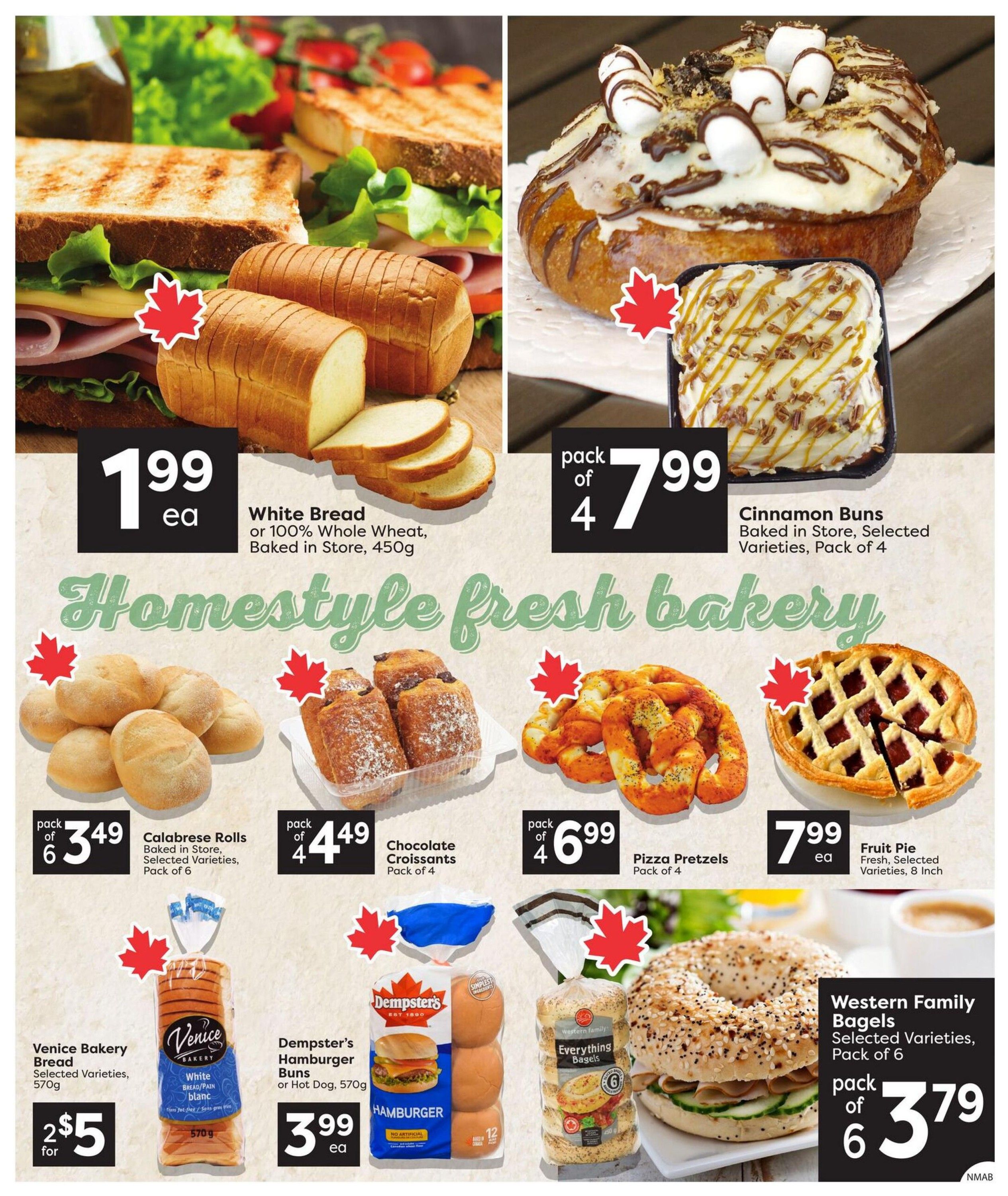 Nesters Market weekly flyer specials page 5 features a variety of fresh bakery items. Highlighted are White Bread or 100% Whole Wheat Baked in Store, 450g for $1.99 each. Cinnamon Buns, baked in store, selected varieties, pack of 4, are $7.99. Homestyle fresh bakery items include Calabrese Rolls, selected varieties, pack of 6 for $3.49, Chocolate Croissants, pack of 4 for $4.49, and Pizza Pretzels, pack of 4 for $6.99. A Fruit Pie, fresh, selected varieties, 8 inch, is $7.99. Also available are Venice Bakery Bread, selected varieties, 570g, 2 for $5, Dempster's Hamburger Buns or Hot Dog Buns, 570g, for $3.99 each, and Western Family Bagels, selected varieties, pack of 6, for $3.79.