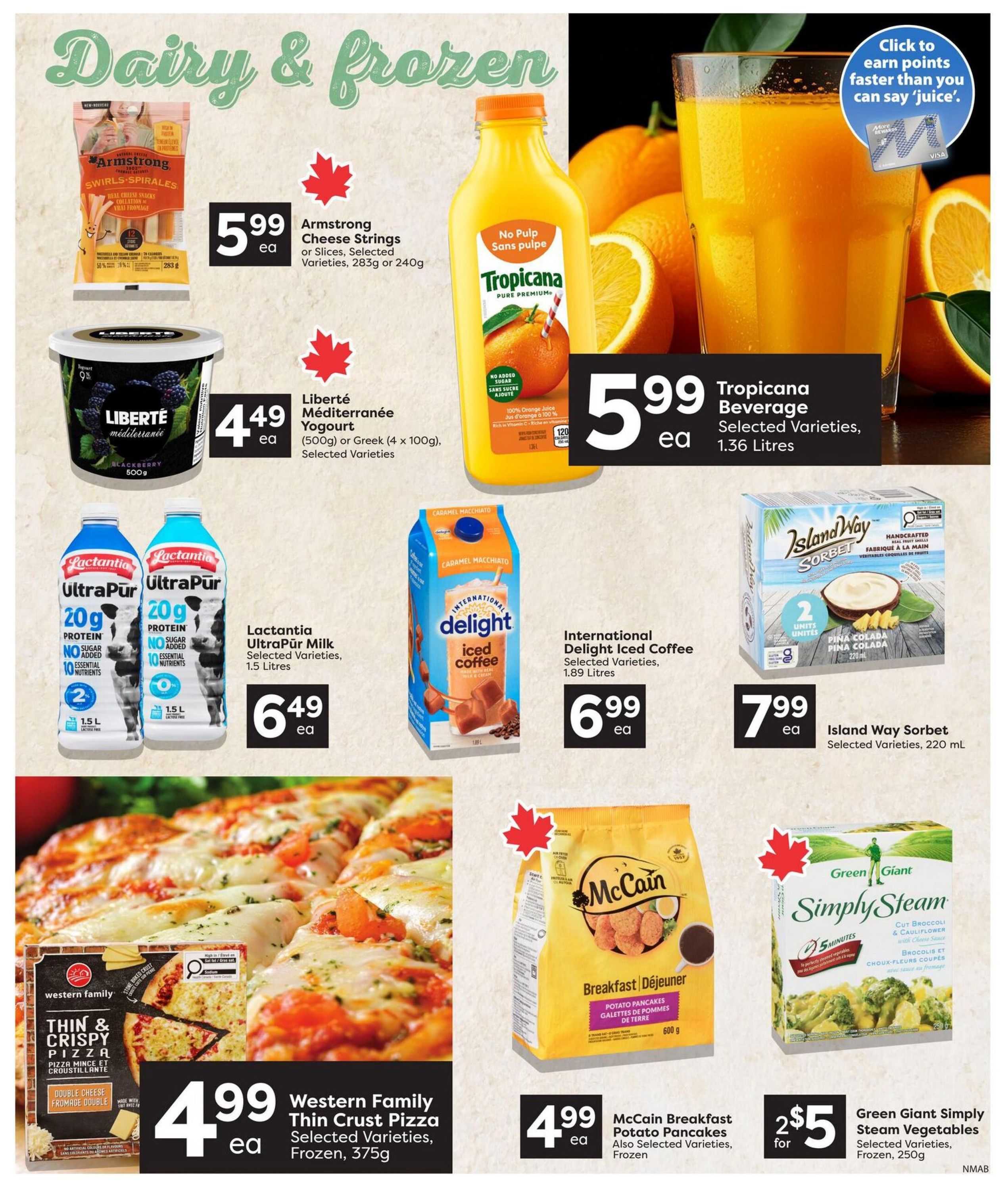 Nesters Market flyer page 7 featuring Dairy & Frozen specials. Items include Armstrong Cheese Strings or Slices for $5.99 (283g or 240g), Liberté Méditerranée Yogurt for $4.49 (500g or Greek 4 x 100g), Tropicana Beverage for $5.99 (1.36 Litres), Lactantia UltraPur Milk for $6.49 (1.5 Litres), International Delight Iced Coffee for $6.99 (1.89 Litres), Island Way Sorbet for $7.99 (220 mL), Western Family Thin Crust Pizza for $4.99 (375g, Frozen), McCain Breakfast Potato Pancakes for $4.99 (600g, Frozen), and Green Giant Simply Steam Vegetables for 2 for $5 (250g, Frozen).