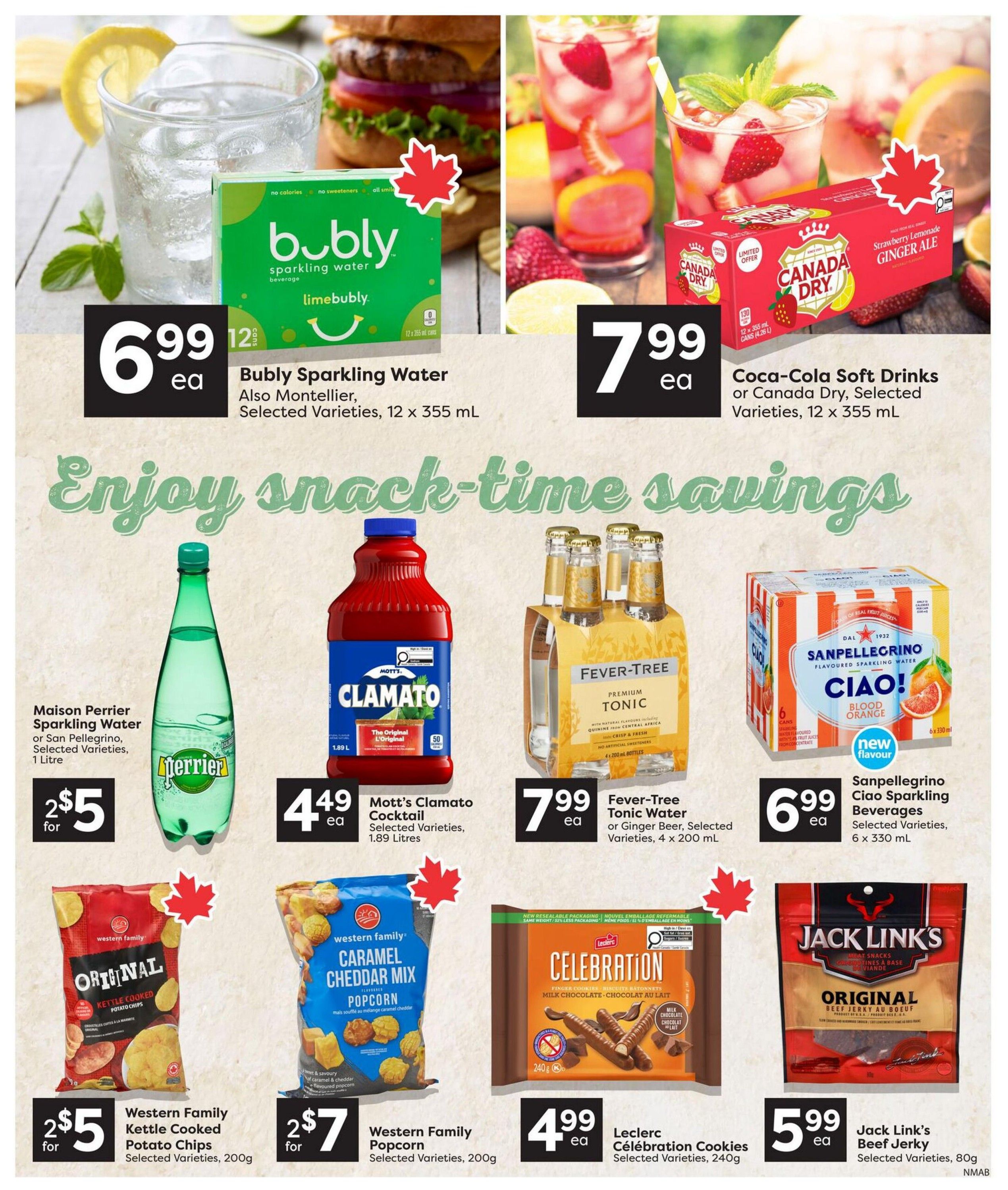 Nesters Market weekly flyer specials page 9 features a variety of snack and beverage deals. Top row includes Bubly Sparkling Water, 12 x 355 mL cans, for $6.99 each, and Coca-Cola Soft Drinks or Canada Dry, selected varieties, 12 x 355 mL cans, for $7.99 each. The middle row showcases Maison Perrier Sparkling Water or San Pellegrino, selected varieties, 1 Litre, for 2 for $5, Mott's Clamato Cocktail, selected varieties, 1.89 Litres, for $4.49 each, Fever-Tree Tonic Water or Ginger Beer, selected varieties, 4 x 200 mL bottles, for $7.99 each, and Sanpellegrino Ciao Sparkling Beverages, selected varieties, 6 x 330 mL, for $6.99 each. The bottom row highlights Western Family Kettle Cooked Potato Chips, selected varieties, 200g, for 2 for $5, Western Family Popcorn, selected varieties, 200g, for 2 for $7, Leclerc Célébration Cookies, selected varieties, 240g, for $4.99 each, and Jack Link's Beef Jerky, selected varieties, 80g, for $5.99 each.