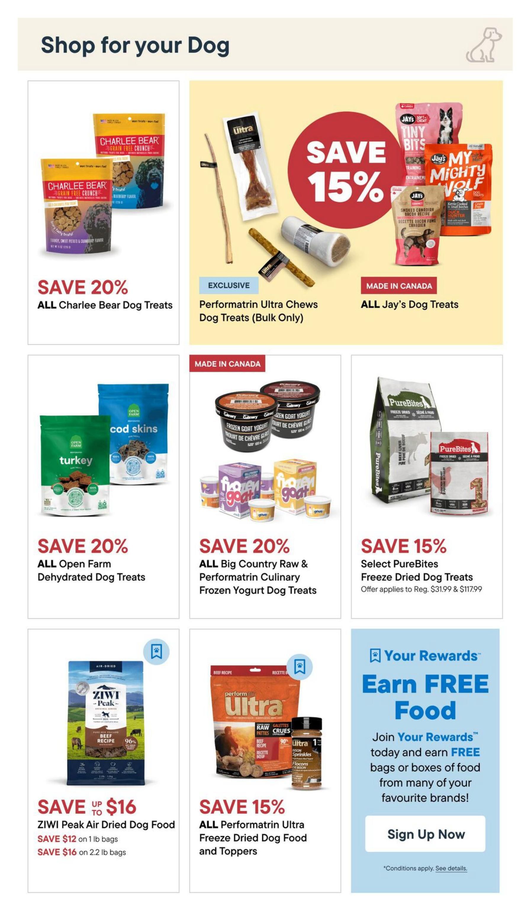 Pet Valu flyer specials page 2, featuring dog food and treats. Save 20% on all Charlee Bear Dog Treats. Save 15% on Performatrin Ultra Chews Dog Treats (Bulk Only) and all Jay's Dog Treats. Save 20% on all Open Farm Dehydrated Dog Treats and all Big Country Raw & Performatrin Culinary Frozen Yogurt Dog Treats. Save 15% on select PureBites Freeze Dried Dog Treats, with offers applying to regular priced items of $31.99 and $117.99. Save up to $16 on Ziwi Peak Air Dried Dog Food, with savings of $12 on 1 lb bags and $16 on 2.2 lb bags. Save 15% on all Performatrin Ultra Freeze Dried Dog Food and Toppers. Also, join the 'Your Rewards' program to earn free food by signing up.