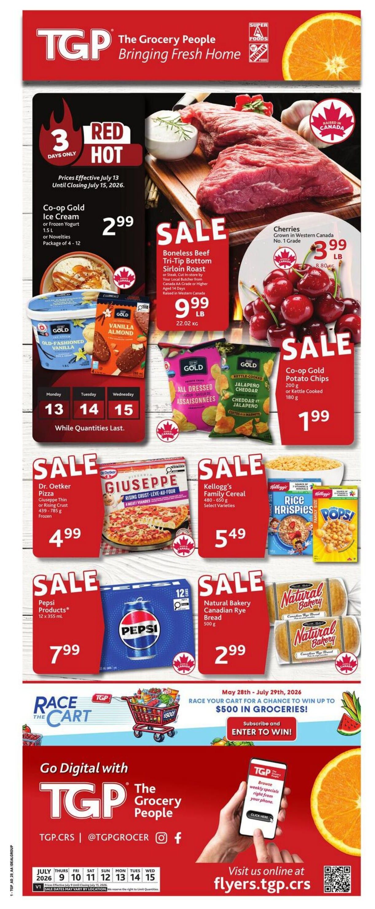 TGP The Grocery People weekly flyer specials page 1. Featured items include Co-op Gold Ice Cream or Frozen Yogurt 1.5L for $2.99, Boneless Beef Tri-Tip Bottom Sirloin Roast at $9.99 per pound, and Cherries grown in Western Canada for $3.99 per pound. Also on sale are Co-op Gold Potato Chips 200g or 180g for $1.99, Dr. Oetker Giuseppe Pizza for $4.99, Kellogg's Family Cereal 480-650g for $5.49, Pepsi Products 12 x 355ml for $7.99, and Natural Bakery Canadian Rye Bread 500g for $2.99. The flyer highlights a 'Race Your Cart' contest to win up to $500 in groceries. Prices are effective July 13-15, 2026, while quantities last.