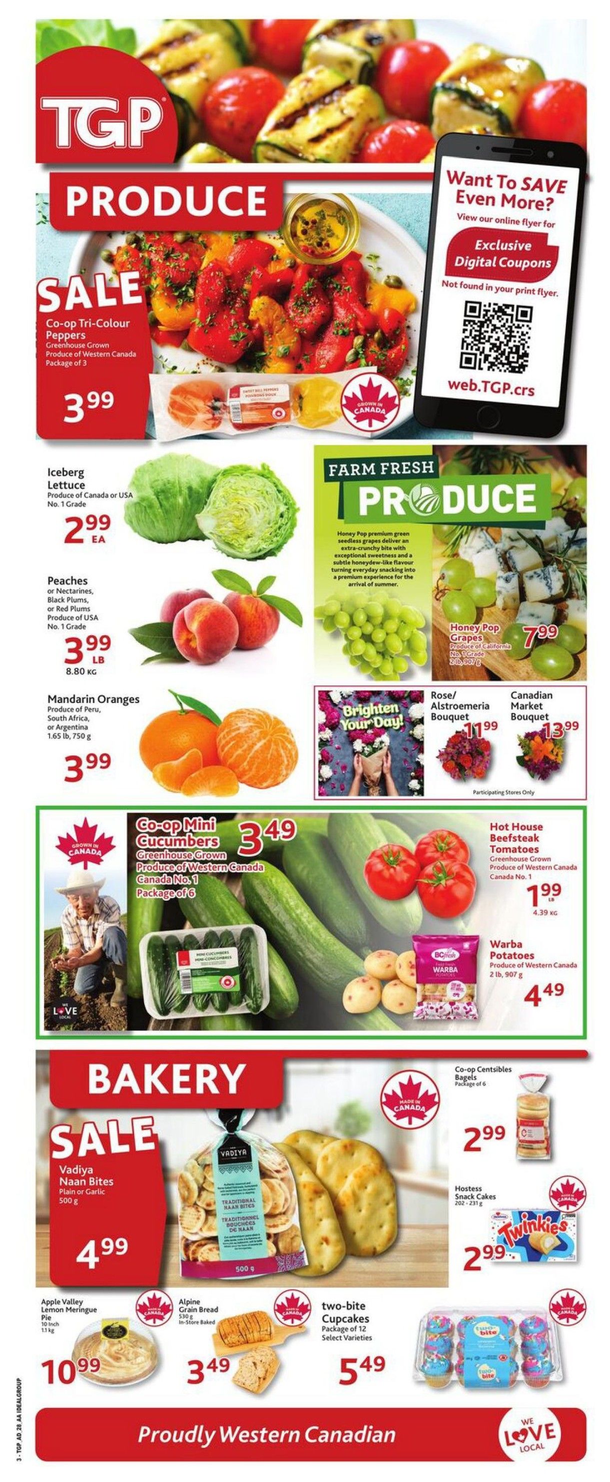 TGP The Grocery People weekly flyer specials page 3. Featured produce includes Co-op Tri-Colour Peppers for $3.99 per package of 3, Iceberg Lettuce for $2.99 each, Peaches for $3.99 per pound, and Mandarin Oranges for $3.99 per 1.65 lb bag. Farm Fresh Produce highlights Honey Pop premium green seedless grapes for $7.99. Also available are Co-op Mini Cucumbers for $3.49 per package of 6, Hot House Beefsteak Tomatoes for $1.99 per pound, and Warba Potatoes for $4.49 per 2 lb bag. Floral offers include a Rose/Alstroemeria Bouquet for $11.99 and a Canadian Market Bouquet for $13.99. The bakery section features Vadiya Naan Bites for $4.99 per 500g bag, Co-op Centsibles Bagels for $2.99 per package of 6, Apple Valley Lemon Meringue Pie for $10.99, Alpine Grain Bread for $3.49, two-bite Cupcakes for $5.49 per package of 12, and Hostess Snack Cakes for $2.99. The page emphasizes 'Proudly Western Canadian' and 'We Love Local'.