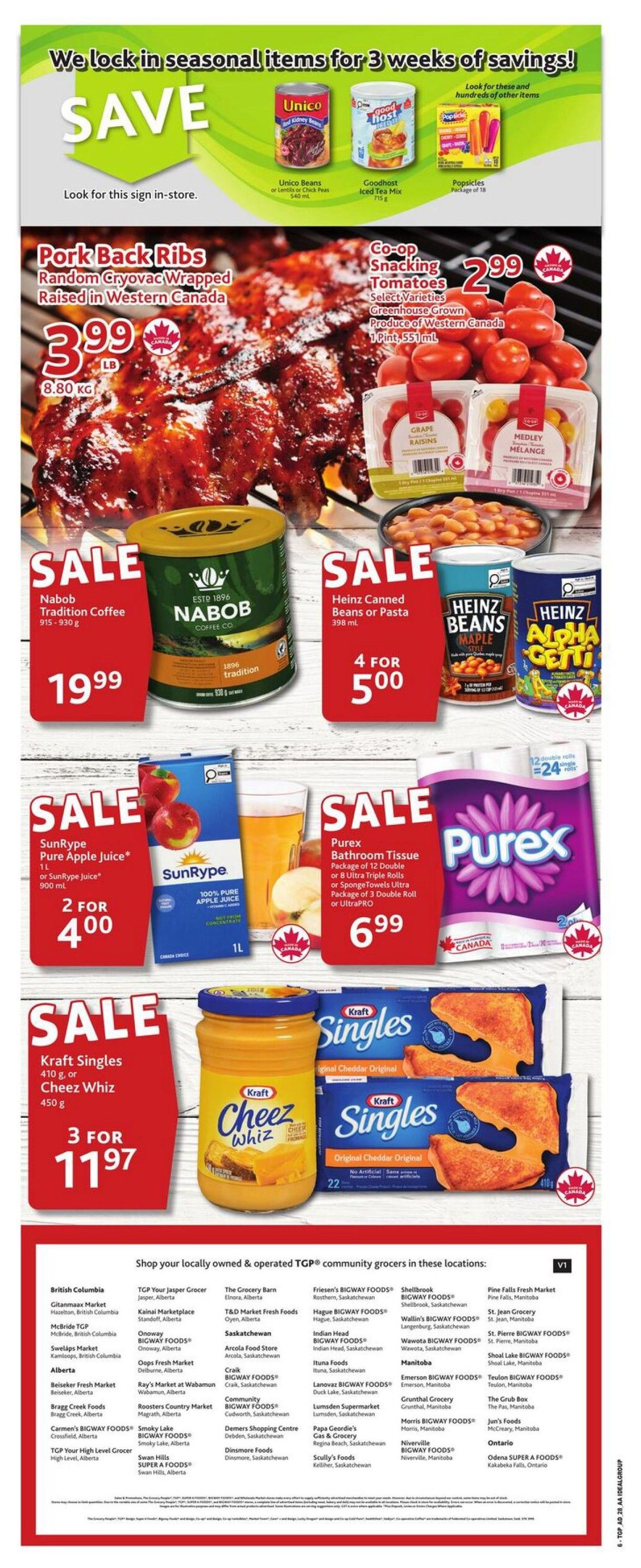 TGP The Grocery People weekly flyer specials page 8. Features a large image of Pork Back Ribs, Random Cryovac Wrapped, Raised in Western Canada for $3.99 per pound. Also on sale is Co-op Snacking Tomatoes, Greenhouse Grown, Produce of Western Canada, 1 pint for $2.99. Nabob Tradition Coffee, 915-930g, is on sale for $19.99. Heinz Canned Beans or Pasta, 398ml, is 4 for $5.00. SunRype Pure Apple Juice, 1L or 900ml, is 2 for $4.00. Purex Bathroom Tissue, available in packages of 12 Double or 8 Ultra Triple Rolls or SpongeTowels Ultra Package of 3 Double Roll or UltraPRO, is $6.99. Kraft Singles, 410g, or Cheez Whiz, 450g, is 3 for $11.97. The bottom section lists TGP community grocer locations across British Columbia, Alberta, Saskatchewan, Manitoba, and Ontario.