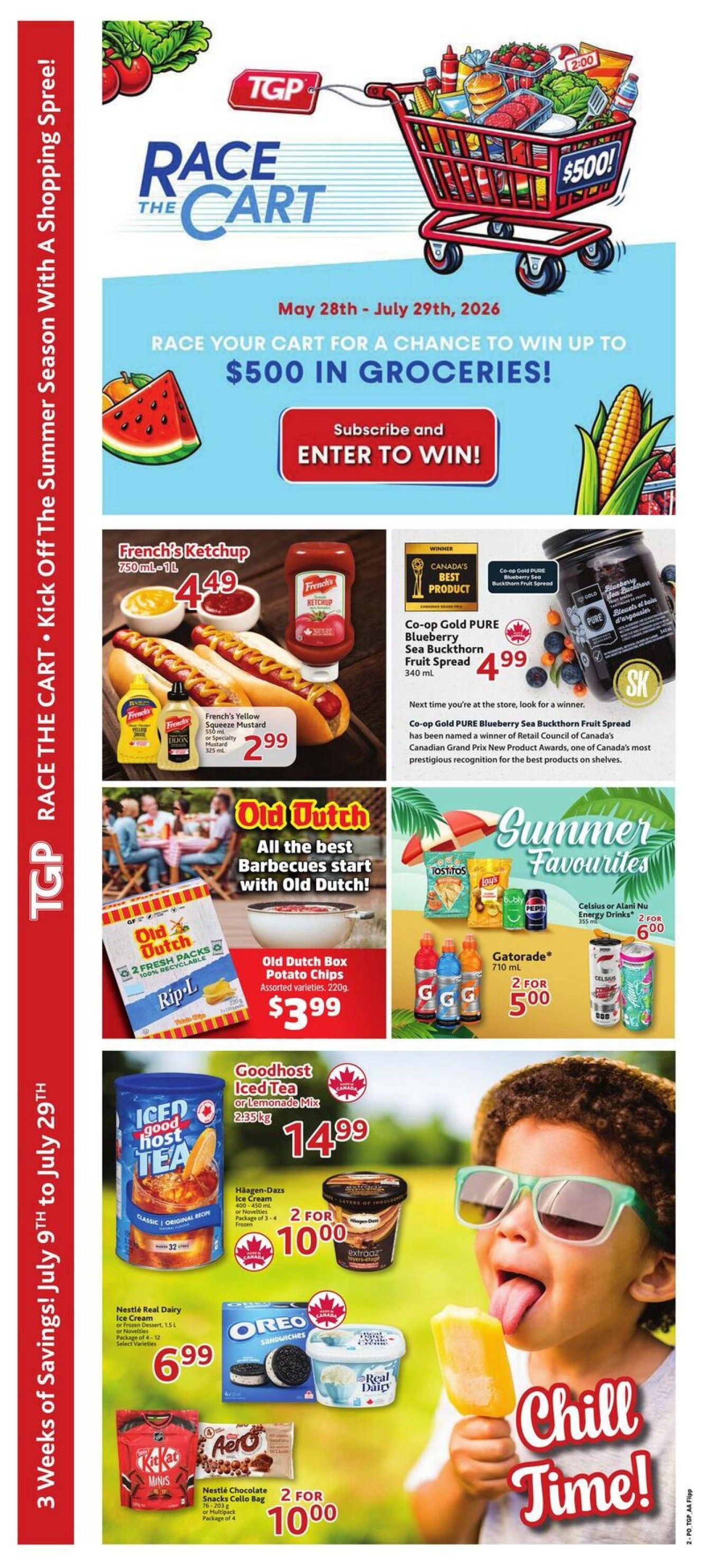 TGP The Grocery People flyer page 10 features a 'Race the Cart' contest to win $500 in groceries from May 28th to July 29th, 2026. Featured products include French's Ketchup for $4.49, French's Yellow Squeeze Mustard and Dixon Specialty Mustard for $2.99. Also available is Co-op Gold PURE Blueberry Sea Buckthorn Fruit Spread for $4.99, winner of Canada's Best Product. Old Dutch Box Potato Chips in assorted varieties are $3.99. Summer favourites include Tostitos, Lays, Pepsi, Bubly, Celsius or Alani Nu Energy Drinks 2 for $6.00, and Gatorade 710 mL 2 for $5.00. Goodhost Iced Tea or Lemonade Mix 2.35 kg is $14.99. Häagen-Dazs Ice Cream 400-450 mL packages are 2 for $10.00. Nestlé Real Dairy Ice Cream or Frozen Dessert 1.5 L packages are $6.99. Oreo Sandwiches 10-pack and Real Dairy Ice Cream 1.5 L are also featured. Nestlé Chocolate Snacks Cello Bag or Multipack are 2 for $10.00. The page has a 'Chill Time!' theme with a child enjoying an ice pop.