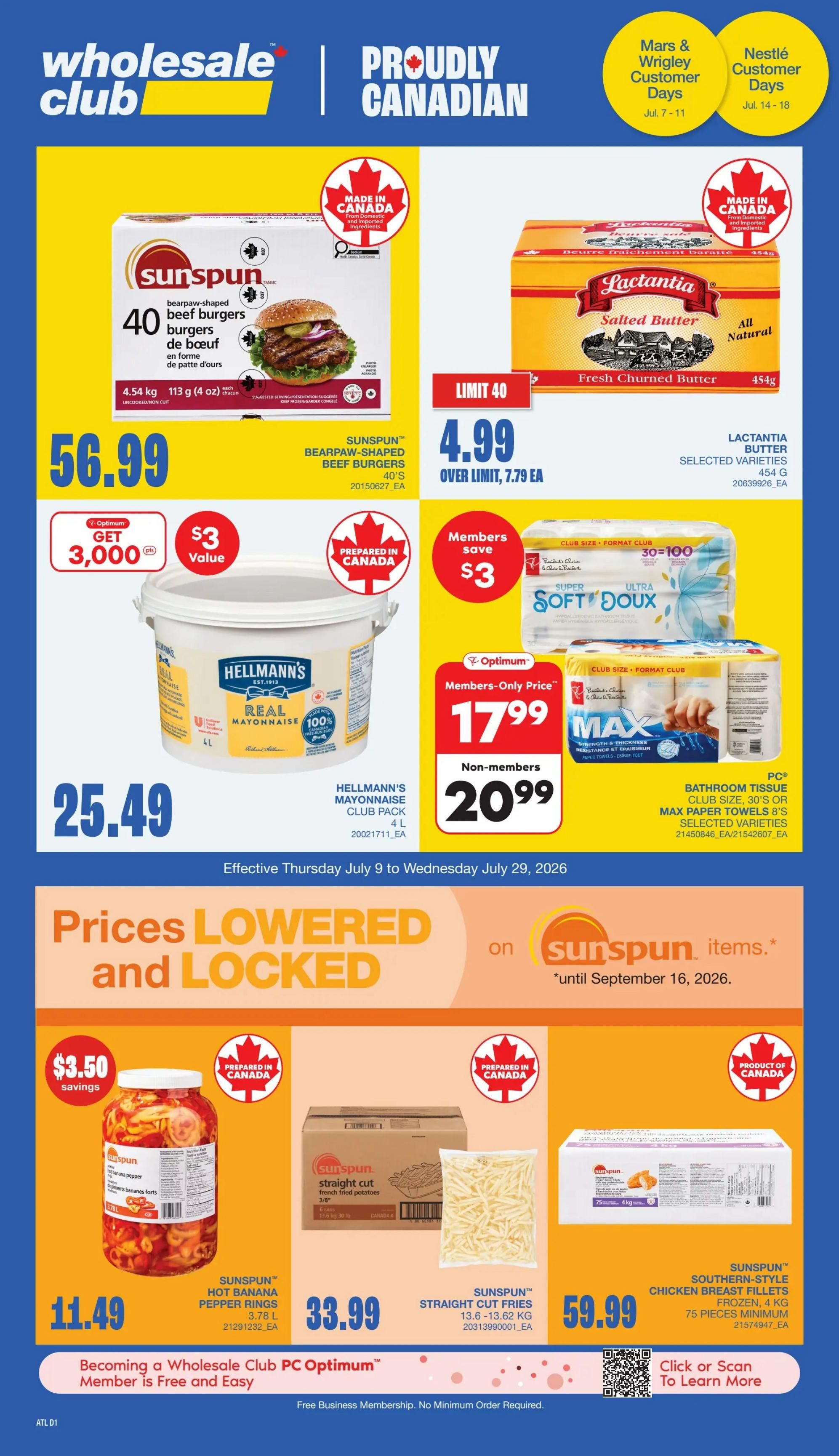 Wholesale Club flyer featuring Mars & Wrigley Days from July 7-11. Get 10,000 Optimum points when you buy 5 selected varieties of Chocolate Singles Boxes, including Twix and Maltesers. Also, get 10,000 Optimum points when you buy 5 selected varieties of Chocolate King Size Boxes, such as Twix and Mars. New! Bounty King Size Bars, 21's, are available for $46.99. The flyer also highlights Mars Wrigley confectionery.