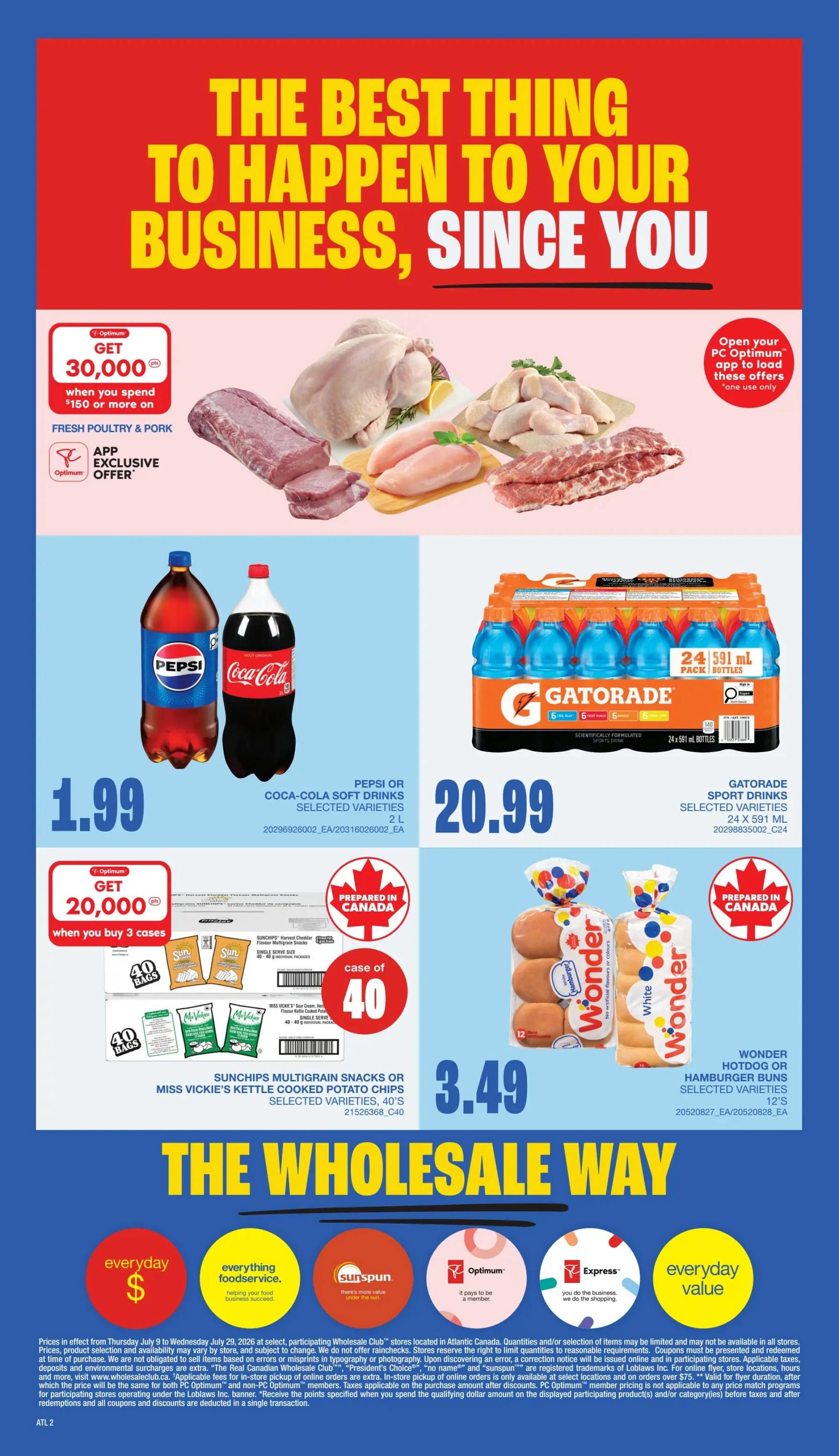 Wholesale Club Atlantic Canada flyer page 6 featuring a variety of deals. Get 30,000 PC Optimum points when you spend $150 or more on fresh poultry and pork. Featured poultry and pork include whole chickens, chicken breasts, pork loin, and pork ribs. Pepsi or Coca-Cola soft drinks, 2L bottles, are $1.99 each. Gatorade sport drinks, 24 x 591 mL pack bottles, are $20.99. Get 20,000 PC Optimum points when you buy 3 cases of Sunchips multigrain snacks or Miss Vickie's Kettle Cooked Potato Chips, selected varieties, 40's, for $3.49 per case of 40. Wonder Hotdog or Hamburger buns, selected varieties, 12's, are also available. The page highlights 'The Wholesale Way' with icons for 'everyday $', 'everything foodservice', 'Sunspun', 'Optimum', 'Express', and 'everyday value'.