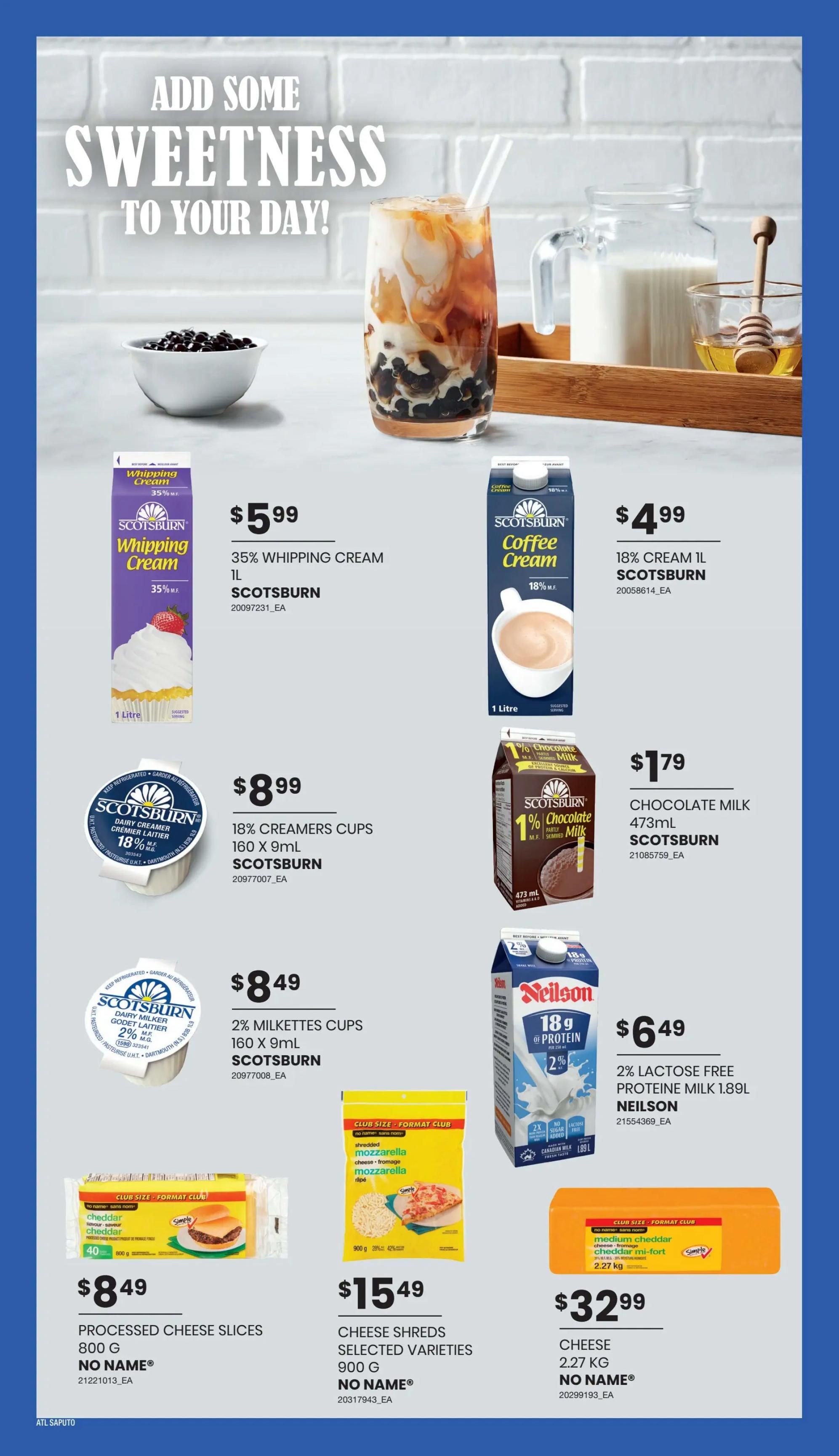 Wholesale Club Atlantic Canada flyer specials page 19 features a large 'ADD SOME SWEETNESS TO YOUR DAY!' graphic. Featured products include Scotsburn 35% Whipping Cream 1L for $5.99, Scotsburn 18% Coffee Cream 1L for $4.99, Scotsburn 18% Creamers Cups 160 x 9mL for $8.99, Scotsburn 1% Chocolate Milk 473mL for $1.79, Scotsburn 2% Milketttes Cups 160 x 9mL for $8.49, Neilson 2% Lactose Free Protein Milk 1.89L for $6.49, No Name Processed Cheese Slices 800g for $8.49, No Name Cheese Shreds Selected Varieties 900g for $15.49, and No Name Medium Cheddar Cheese 2.27kg for $32.99.