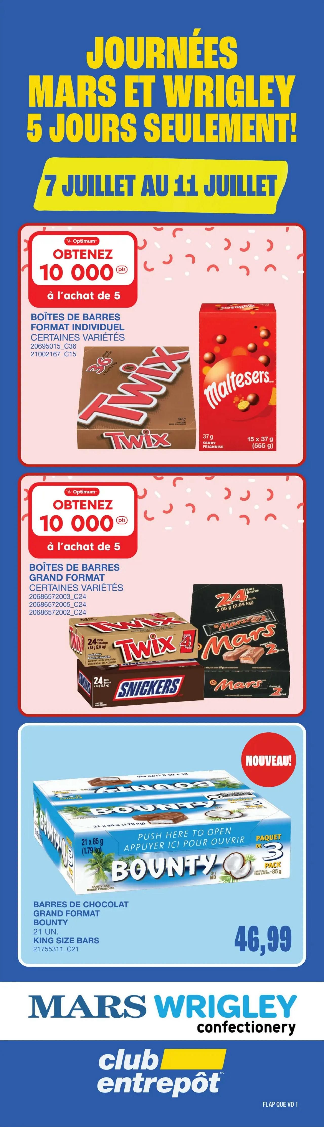 Wholesale Club weekly flyer specials for July. Featuring Breton crackers, Vinta Dare crackers, or Simply Good crackers for $1.88 each, limit 6. Raw shrimp skewers, 31-40 count per pound, frozen, 5-pack (300g) for $4.77 each, limit 6. Reese's 'Grand Moule' large format chocolate bars (16 units) for $24. Hershey's 'Biscuits et crème' (Cookies and Cream) large format chocolate bars (18 units) for $27. Reese's peanut butter cups or Oh Henry! large format chocolate bars (24 units) for $36. The flyer also highlights 'Plus Bas Prix, Plus Gros Rabais' (Lowest Price, Biggest Savings).