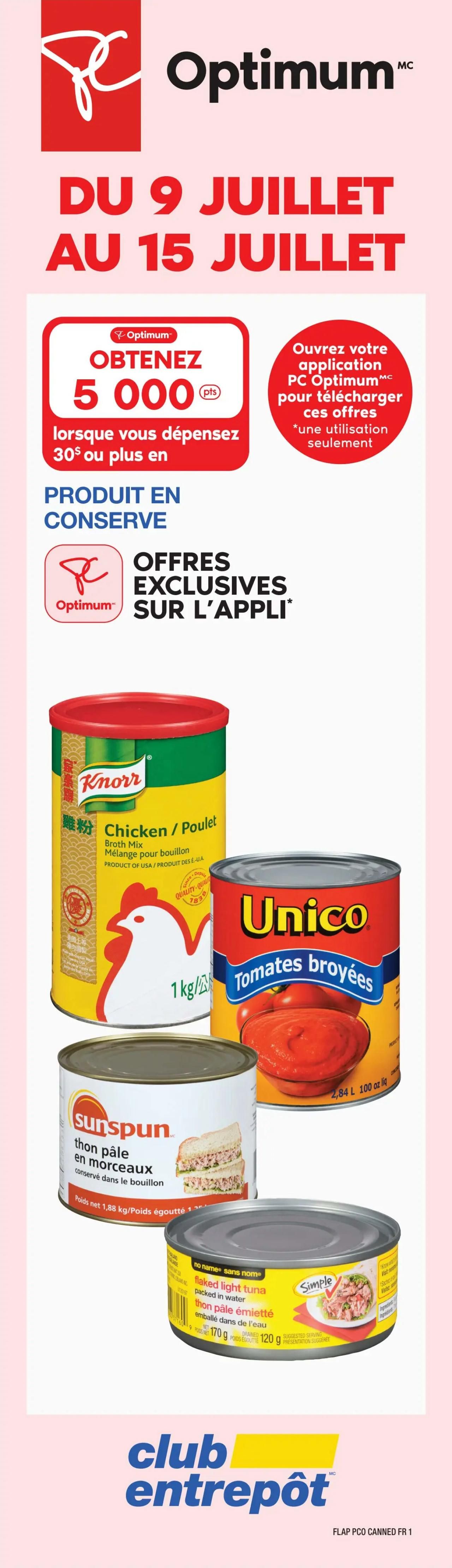 Wholesale Club Quebec flyer, page 5. Featured items include Sunspun 40-count beef burgers, originally $59.99, now $52.99. Lactantia salted butter, 454g, is on sale for $4.99 with a limit of 40. Hellmann's Real Mayonnaise, 4L, is priced at $23.89 and offers 3000 PC Optimum points. PC Optimum members can get Ultra Soft & Doux toilet paper for $17.99 plus tax, while non-members pay $20.99 plus tax. Also available are Sunspun Hot Banana Pepper Rings for $11.49, Sunspun Straight Cut Fries (13.6-13.62 kg) for $33.99, and Sunspun 75-piece frozen chicken fillets for $59.99. The flyer also highlights 'Reduced and Frozen Prices' on all Sunspun products until September 16, 2026. Membership in PC Optimum club is free and easy.